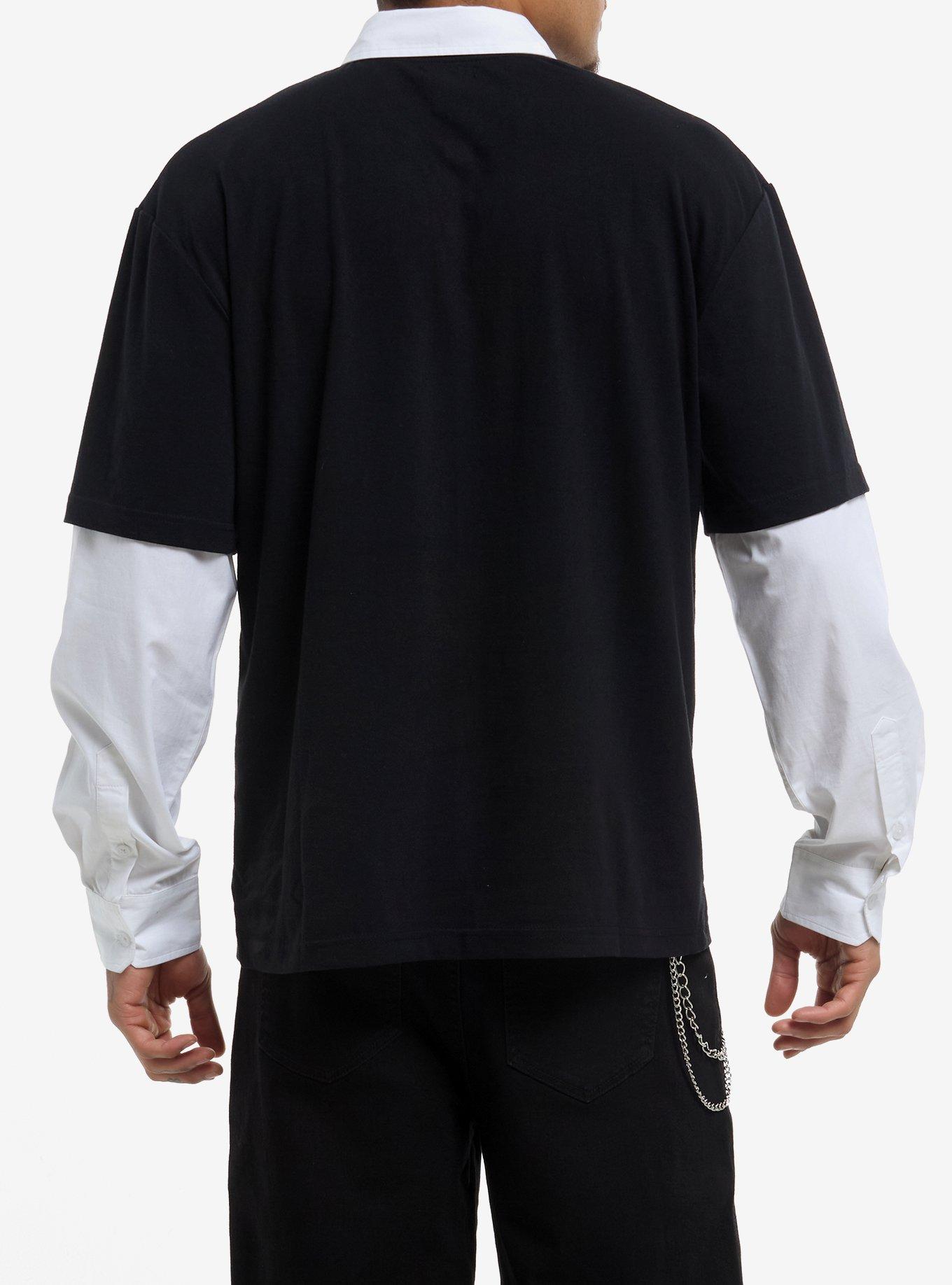 Black & White Collar Twofer Long-Sleeve Top With Tie, , alternate