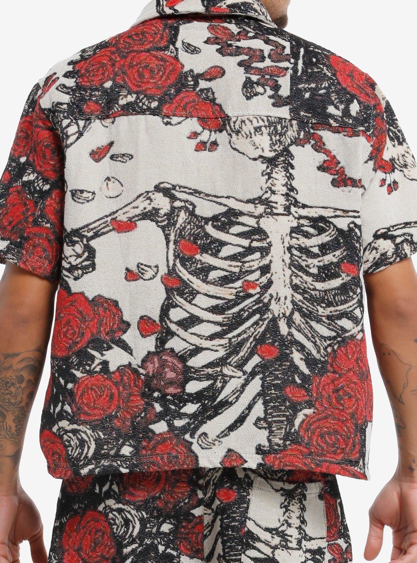 Skeleton Roses Tapestry Woven Button-Up, RED, alternate