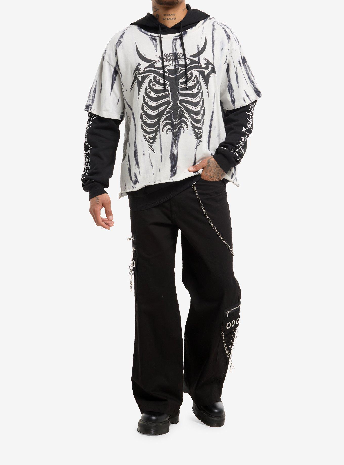 Rib Cage White & Black Wash Oversized Twofer Hoodie, BLACK, alternate