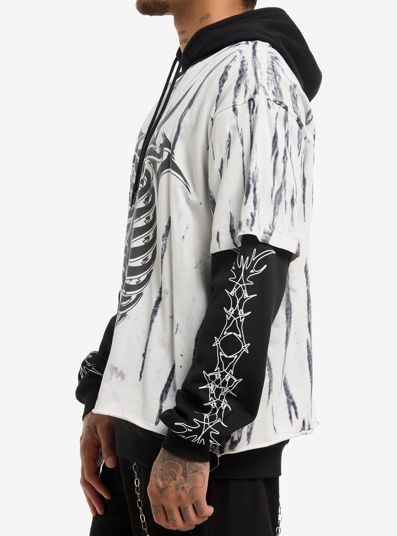 Rib Cage White & Black Wash Oversized Twofer Hoodie, BLACK, alternate