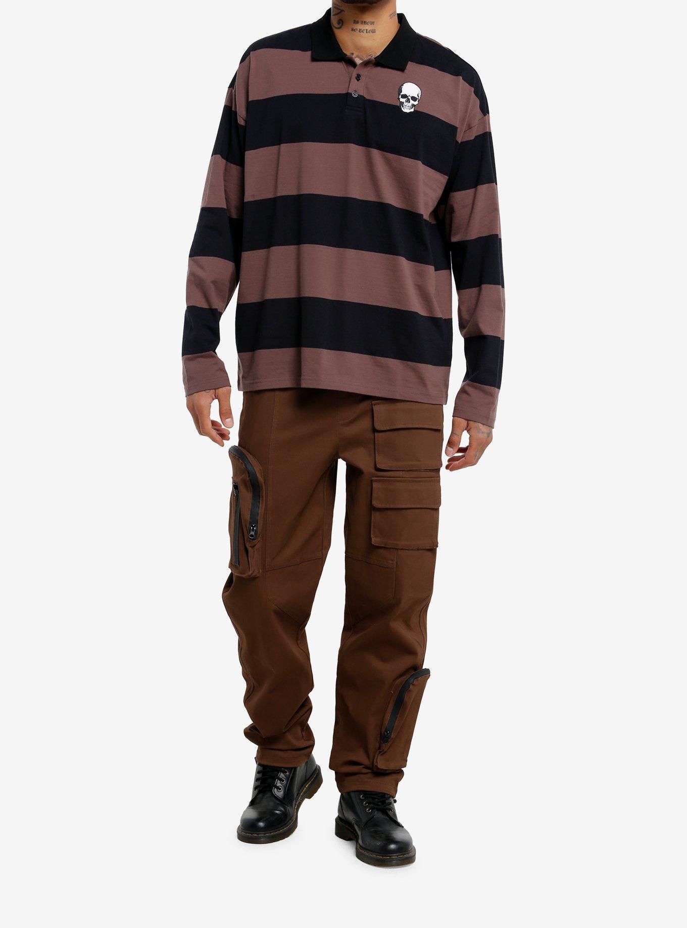Brown & Black Stripe Skull Long-Sleeve Polo Shirt, , hi-res