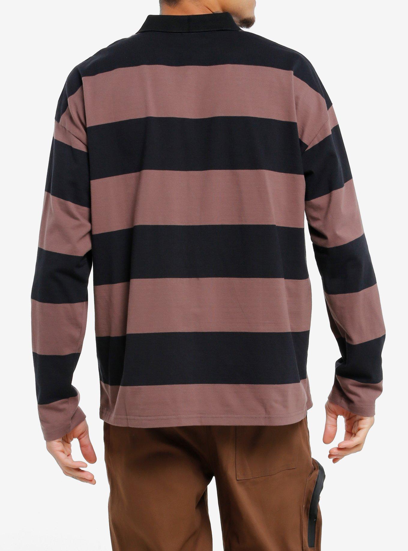 Brown & Black Stripe Skull Long-Sleeve Polo Shirt, BLACK, alternate