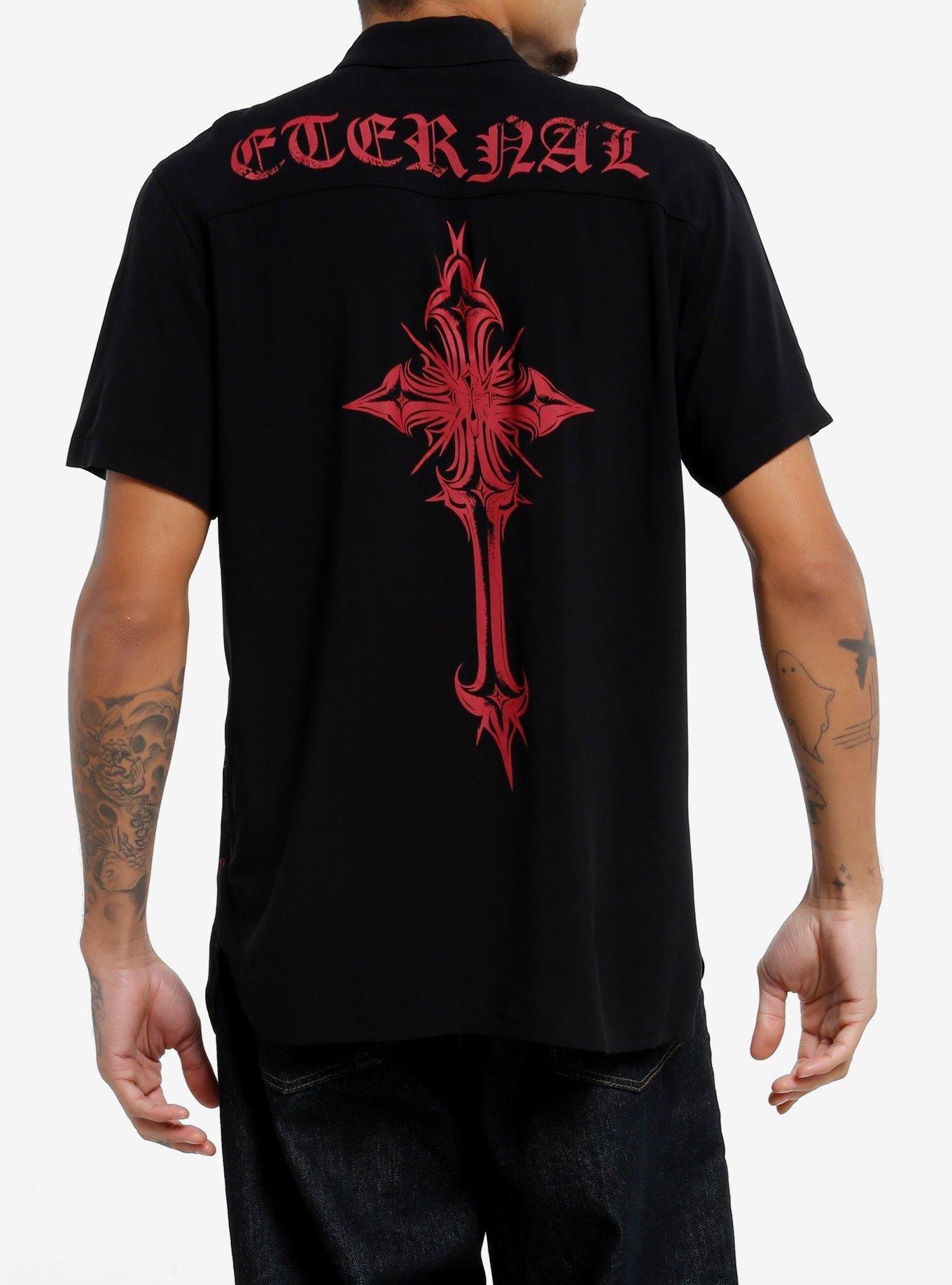 Black Cross & Red Text Split Woven Button-Up, , hi-res