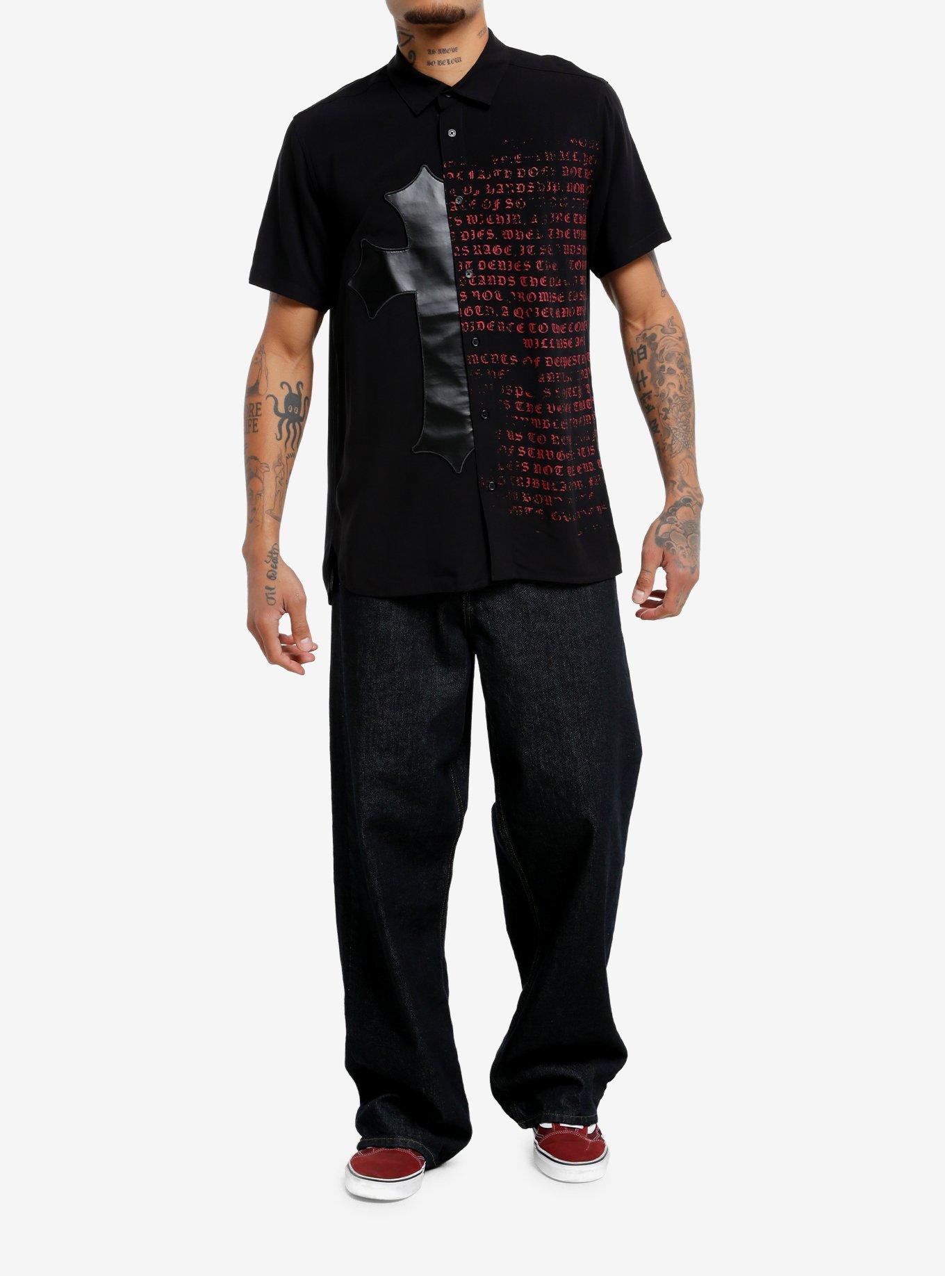 Black Cross & Red Text Split Woven Button-Up, RED, alternate