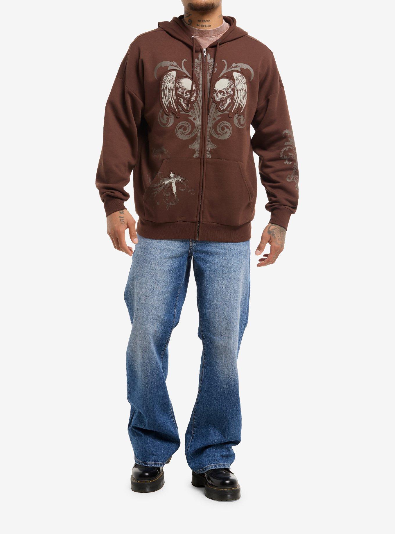 Brown Winged Skull Filigree Hoodie, BROWN, alternate
