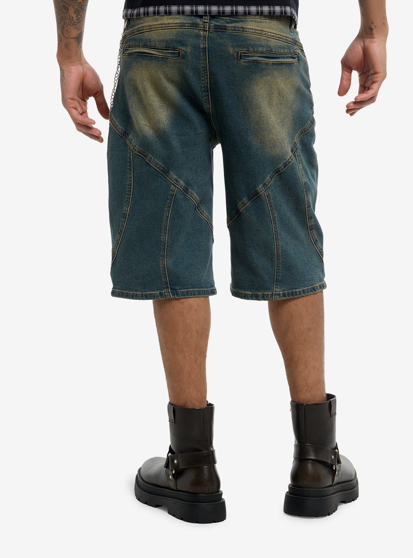 Wavy Stitched Vintage Wash Denim Jorts, , hi-res