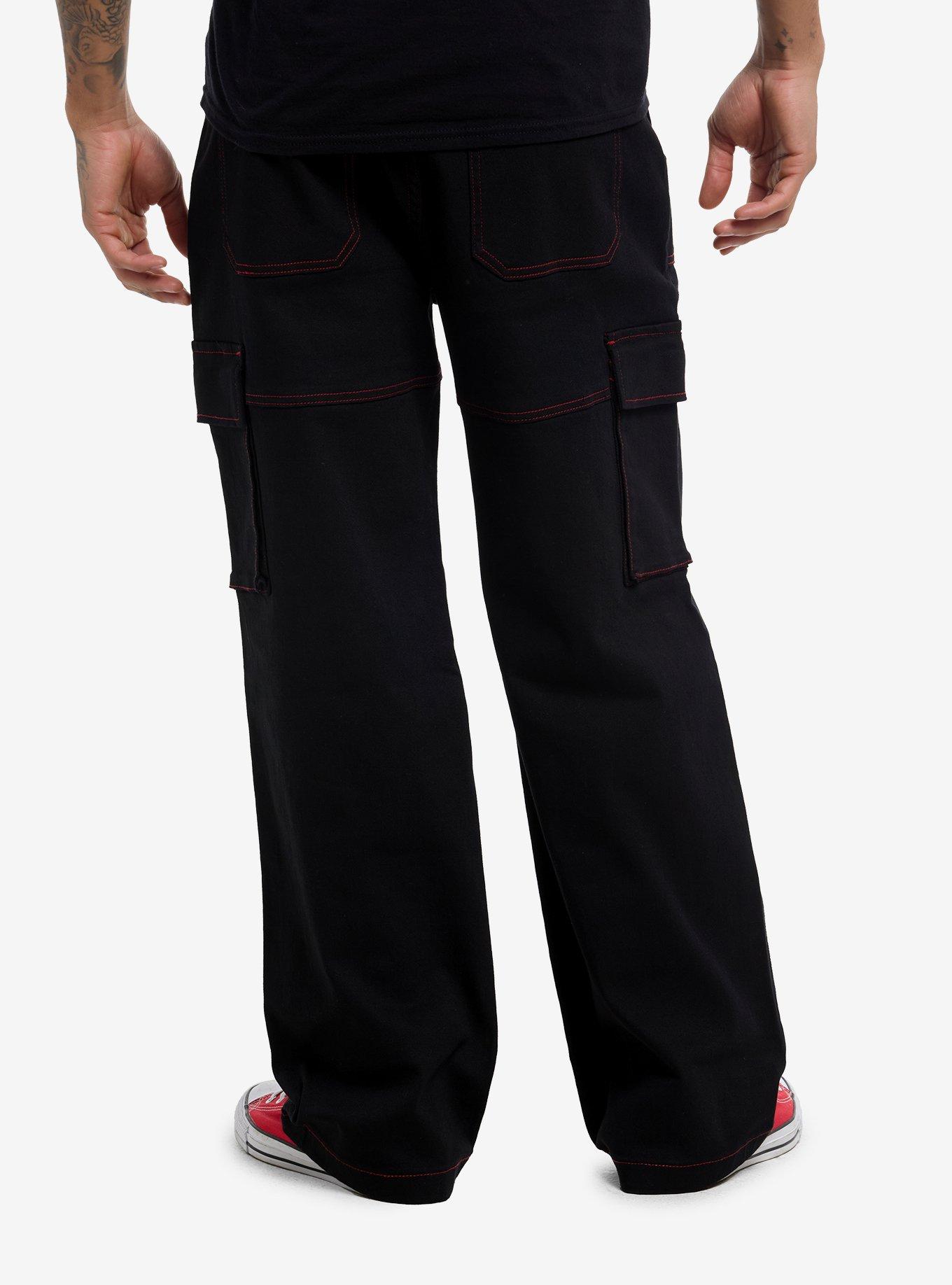 Black & Red Flame & Skull Straight Leg Cargo Pants, , hi-res