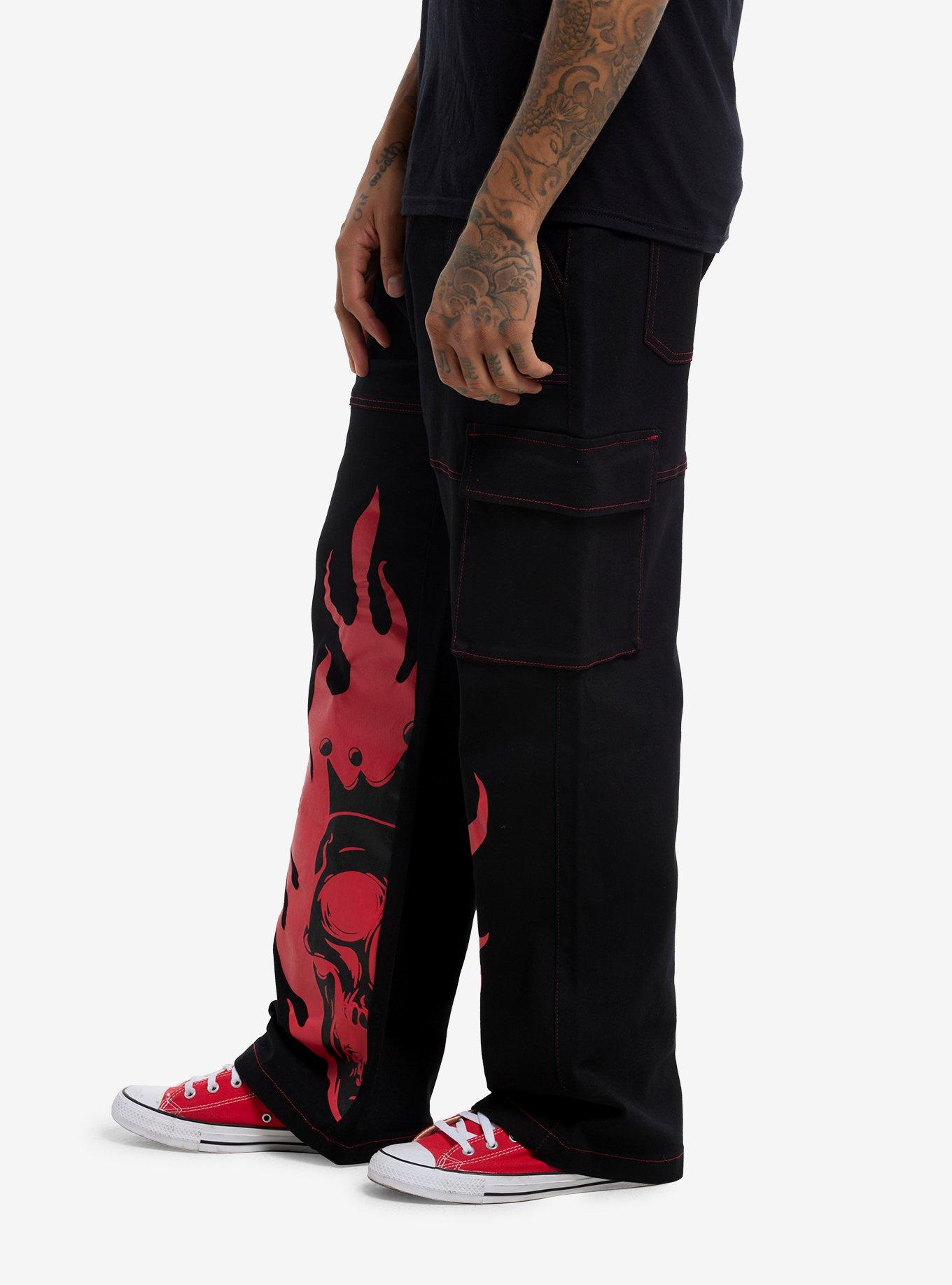 Black & Red Flame & Skull Straight Leg Cargo Pants, RED, alternate