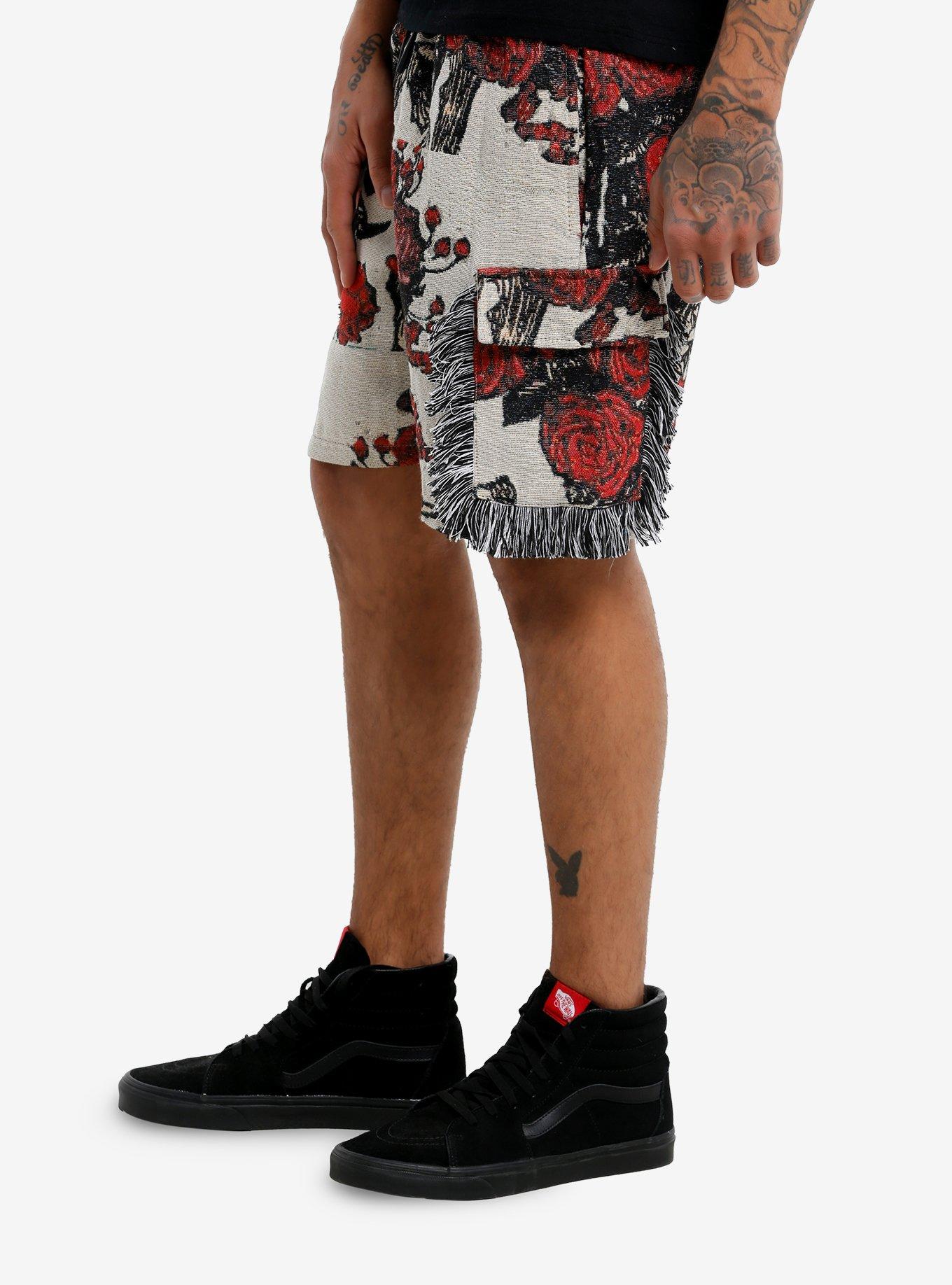 Skeleton Roses Tapestry Cargo Shorts, RED, alternate