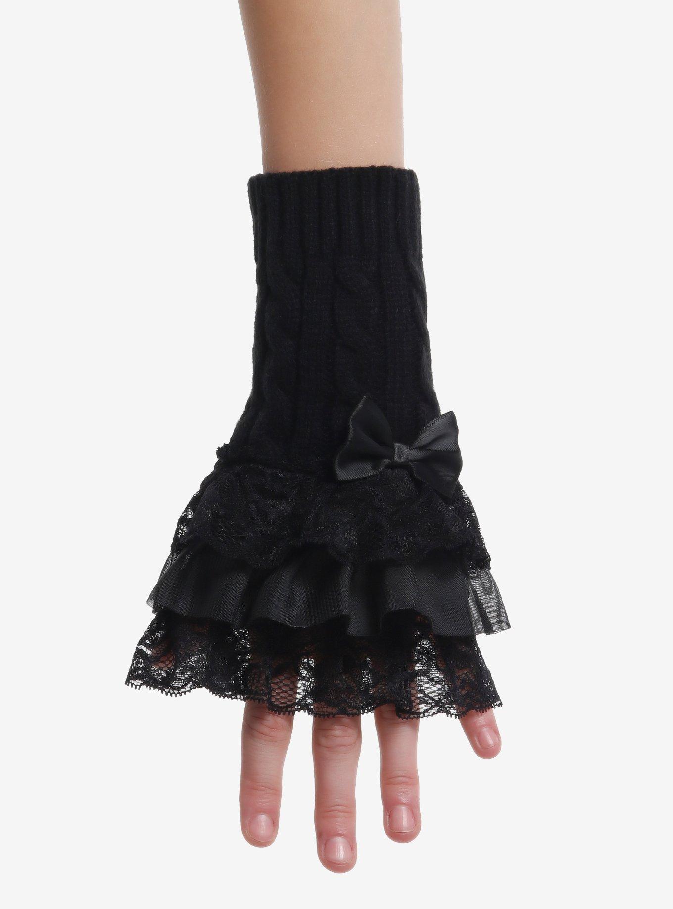 Black Lace Lolita Bow Short Arm Warmers, , hi-res