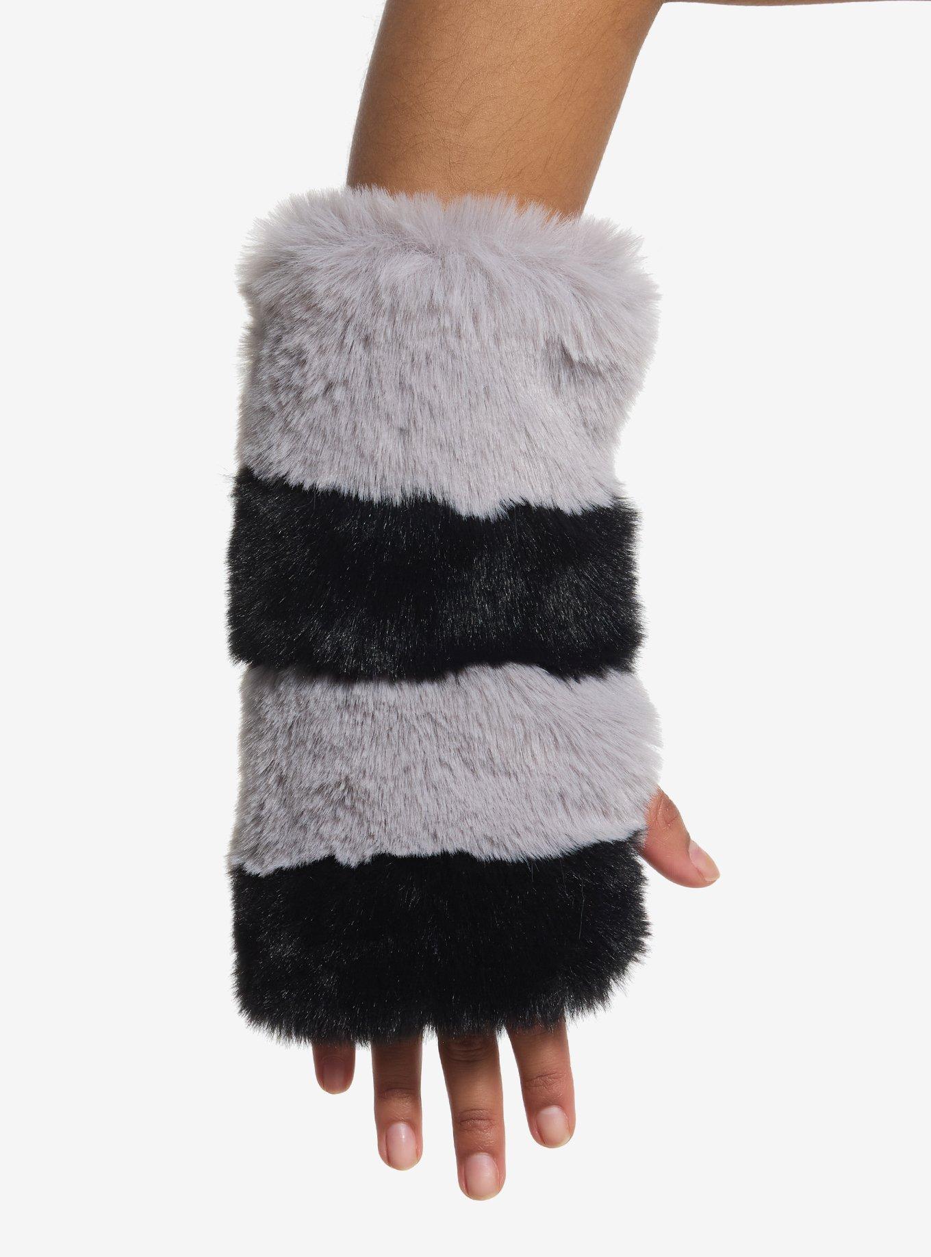 Black & Grey Stripe Fuzzy Fingerless Gloves, , alternate