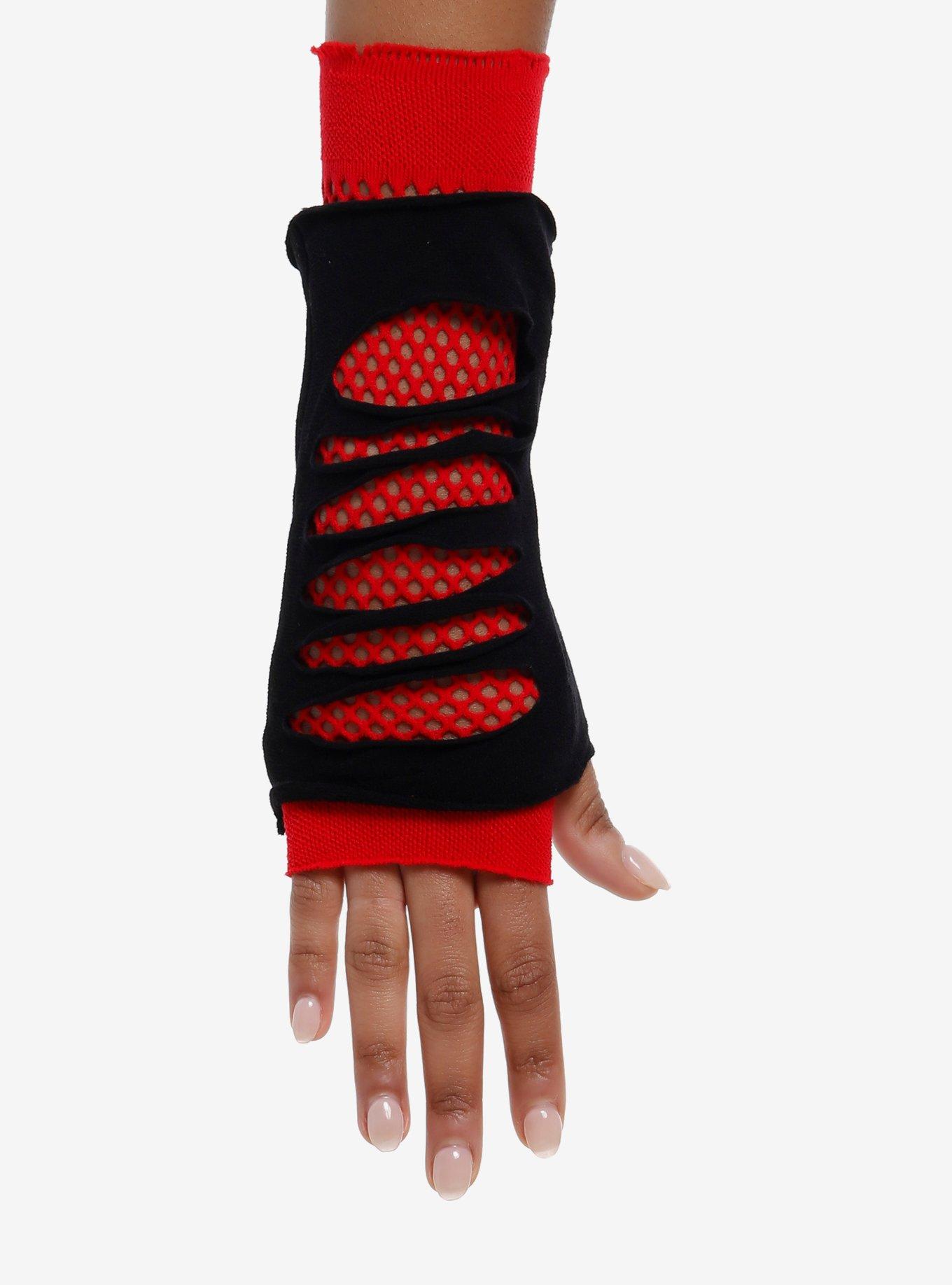 Black & Red Cutout Fishnet Fingerless Gloves, , hi-res