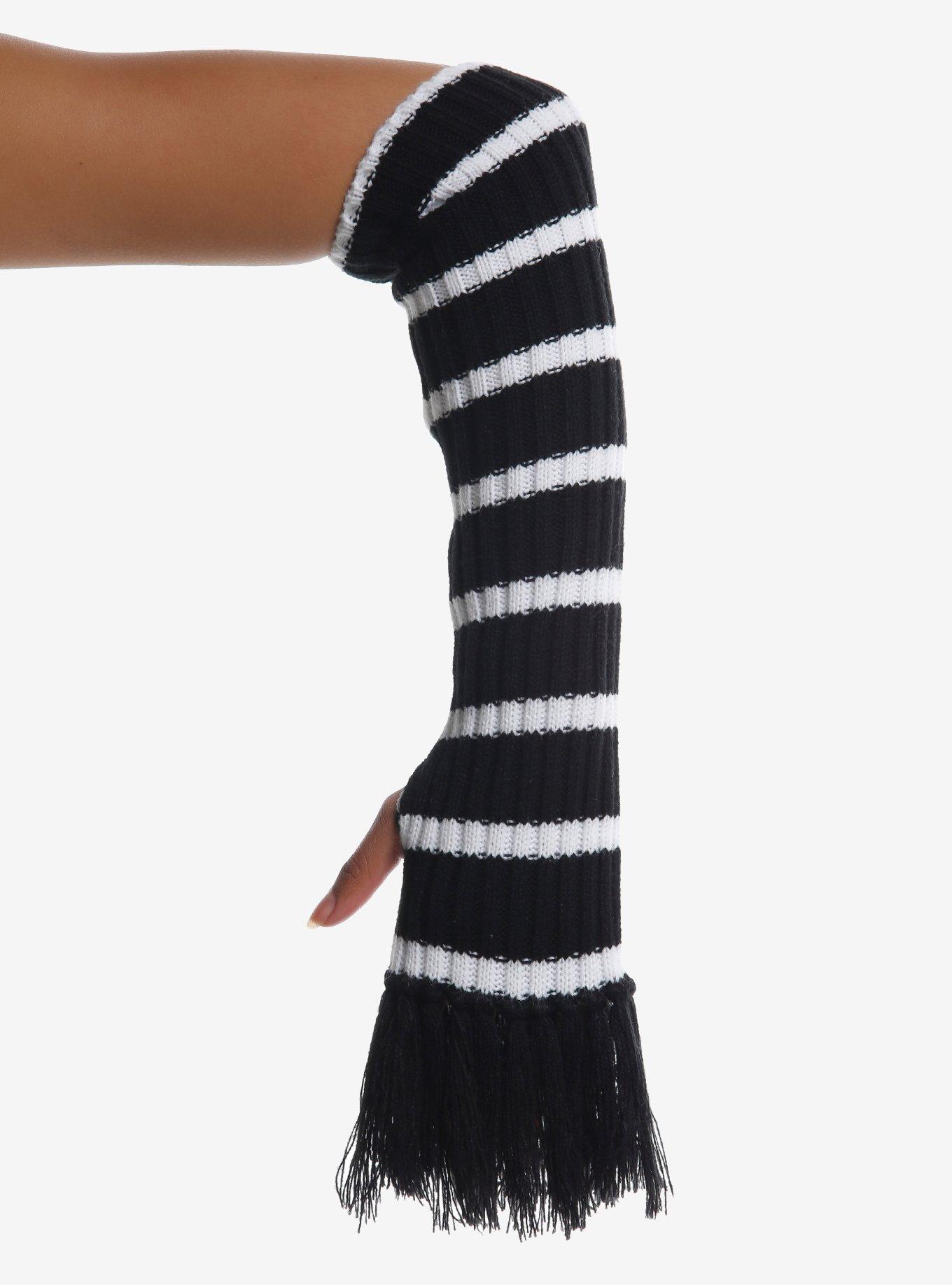 Black & White Stripe Frayed Arm Warmers, , hi-res