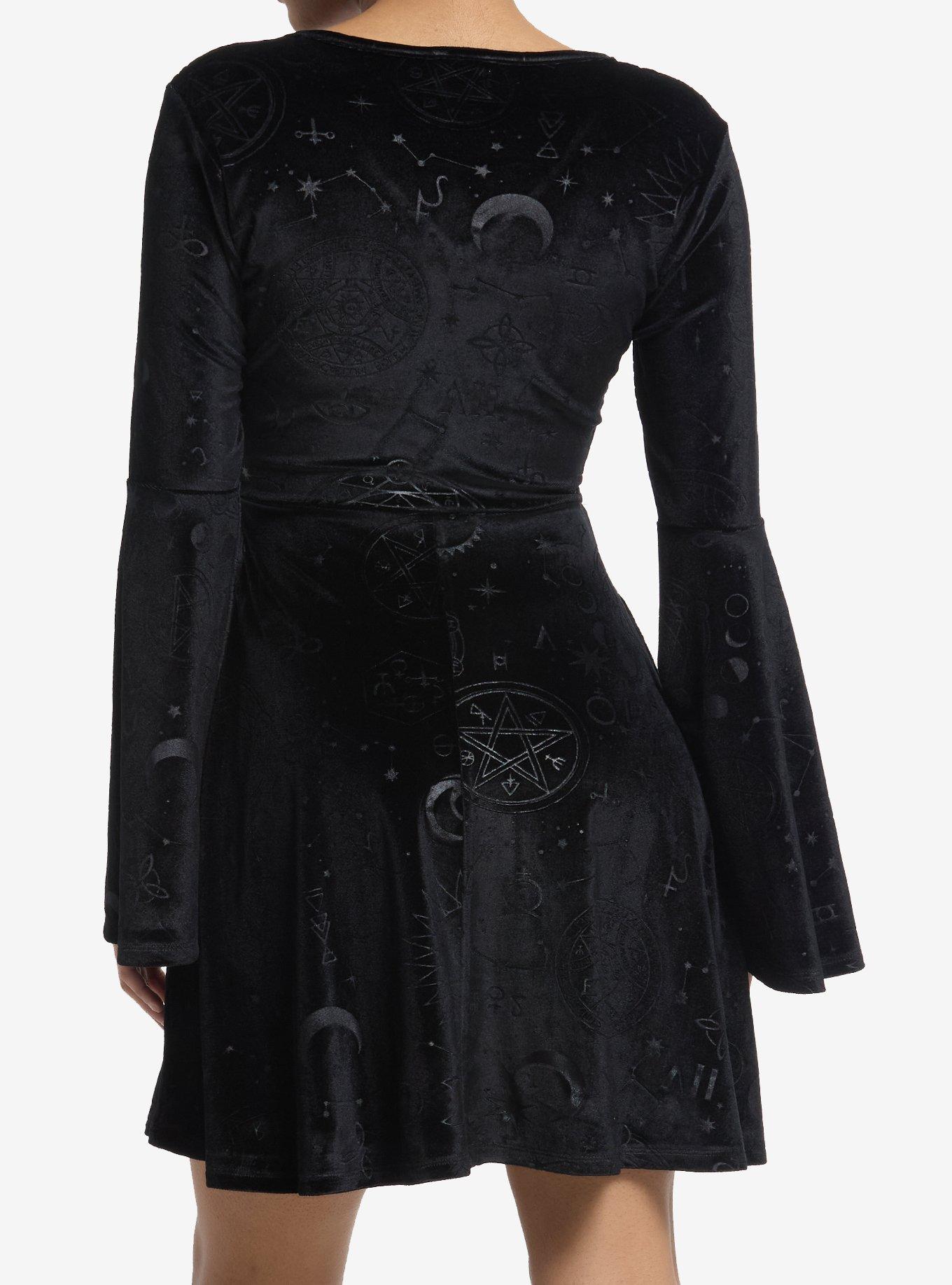 Cosmic Aura Black Celestial Velvet Bell Sleeve Dress, BLACK, alternate