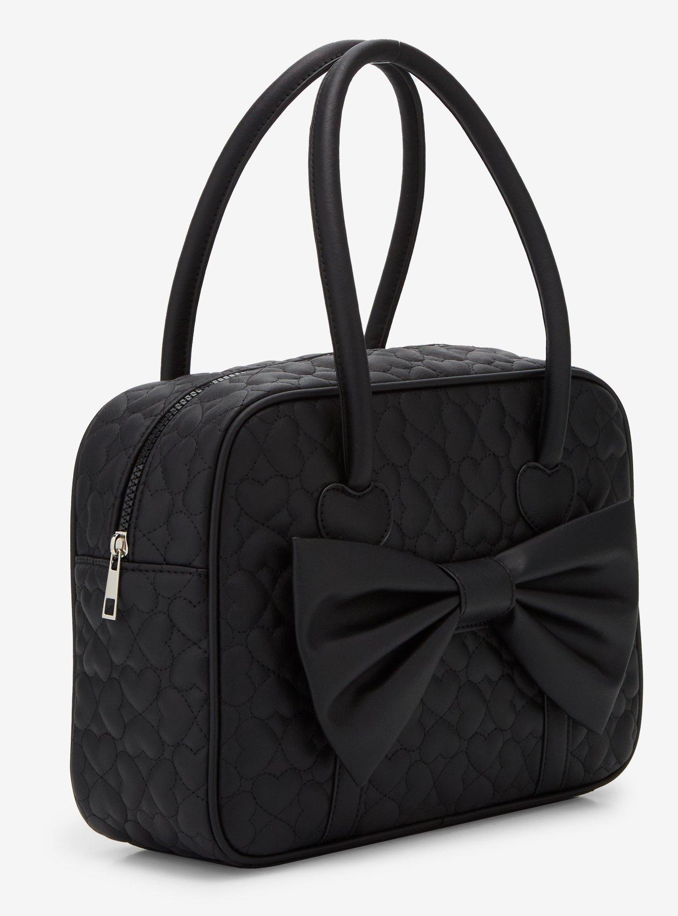Black Bow Heart Quilted Satchel Bag, , hi-res