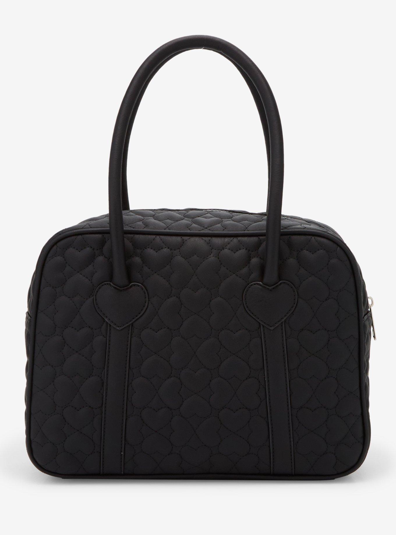 Black Bow Heart Quilted Satchel Bag, , alternate