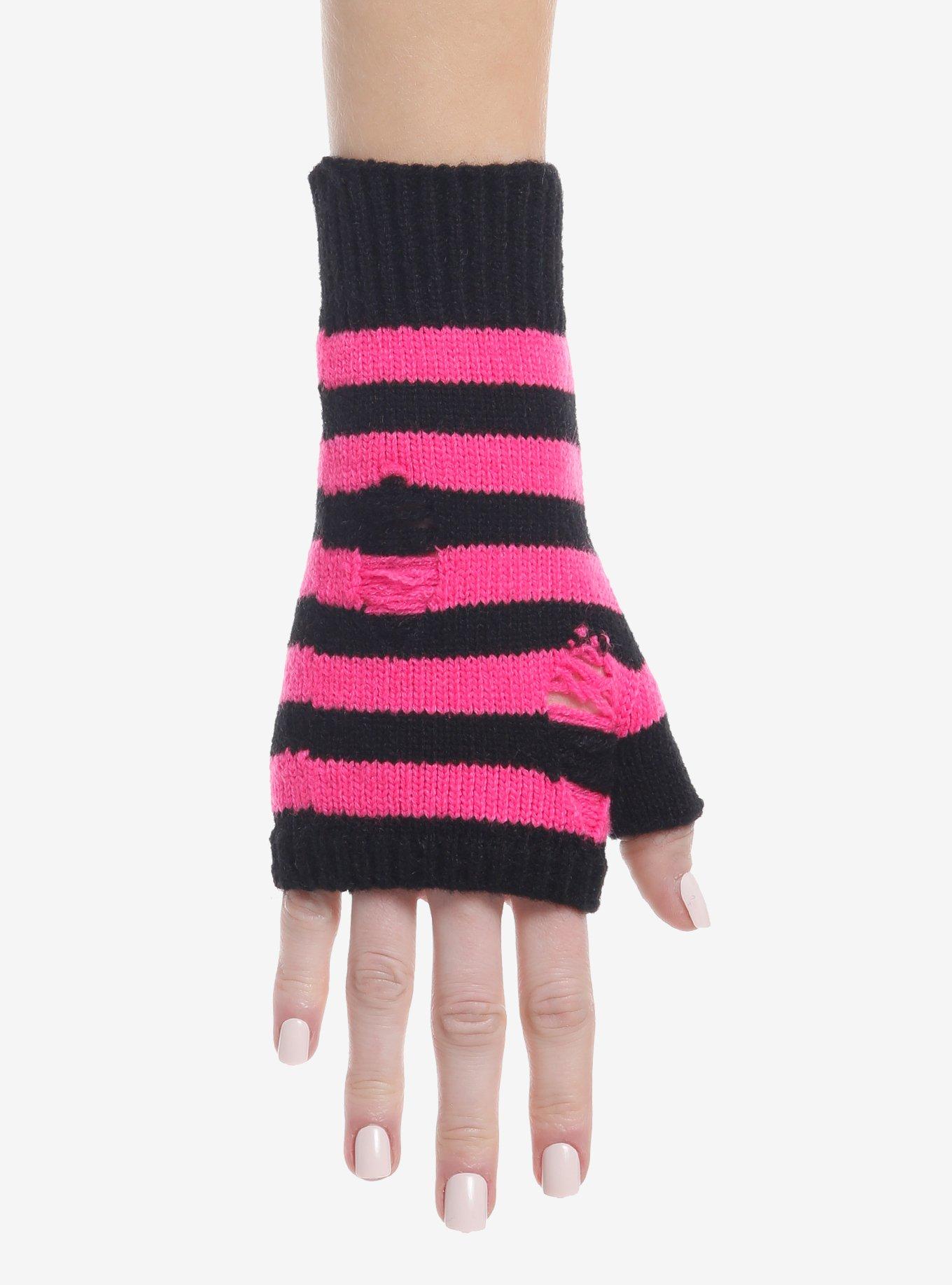 Black & Pink Stripe Destructed Fingerless Gloves, , hi-res
