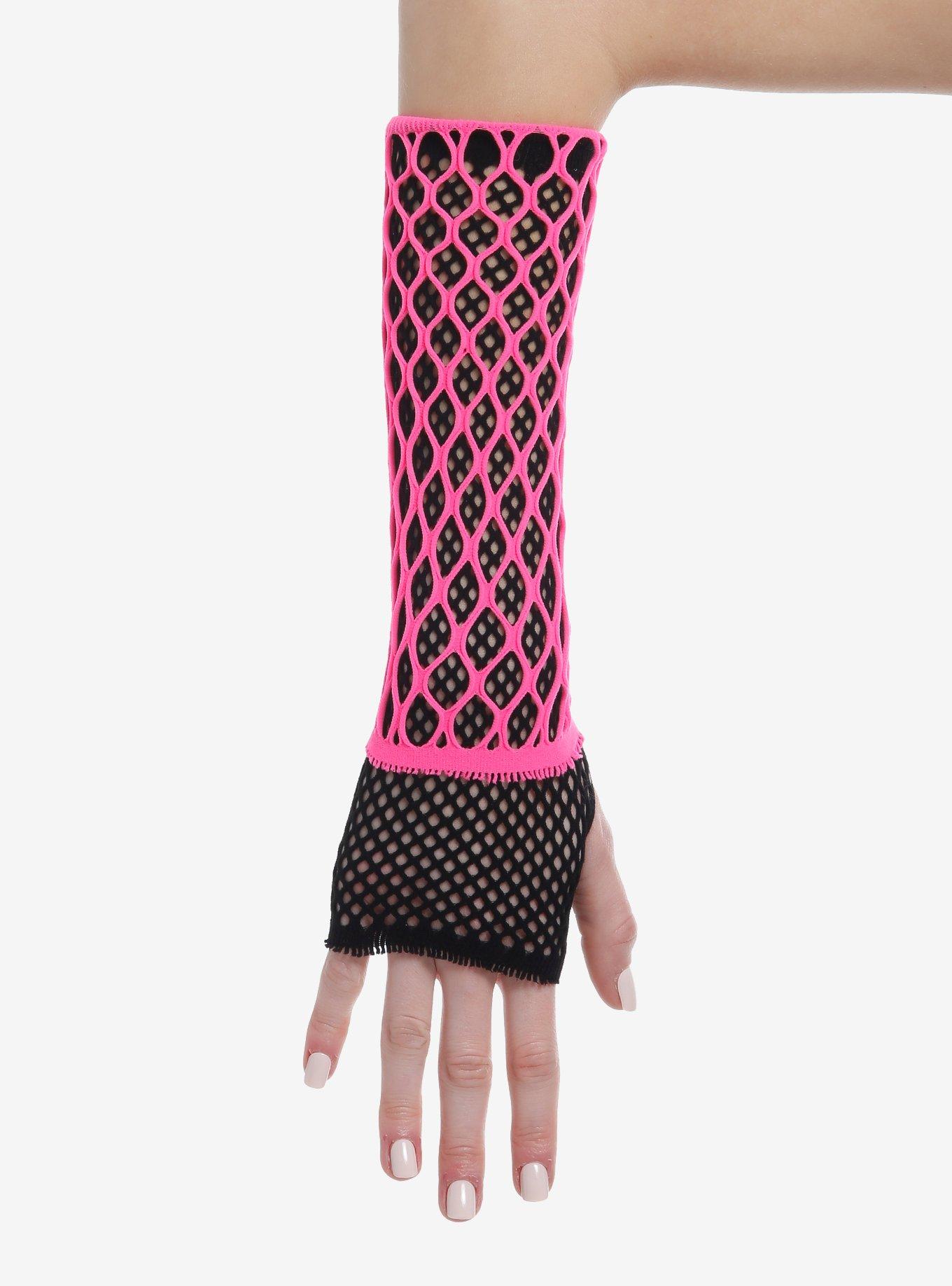 Pink & Black Layered Fishnet Arm Warmers, , hi-res
