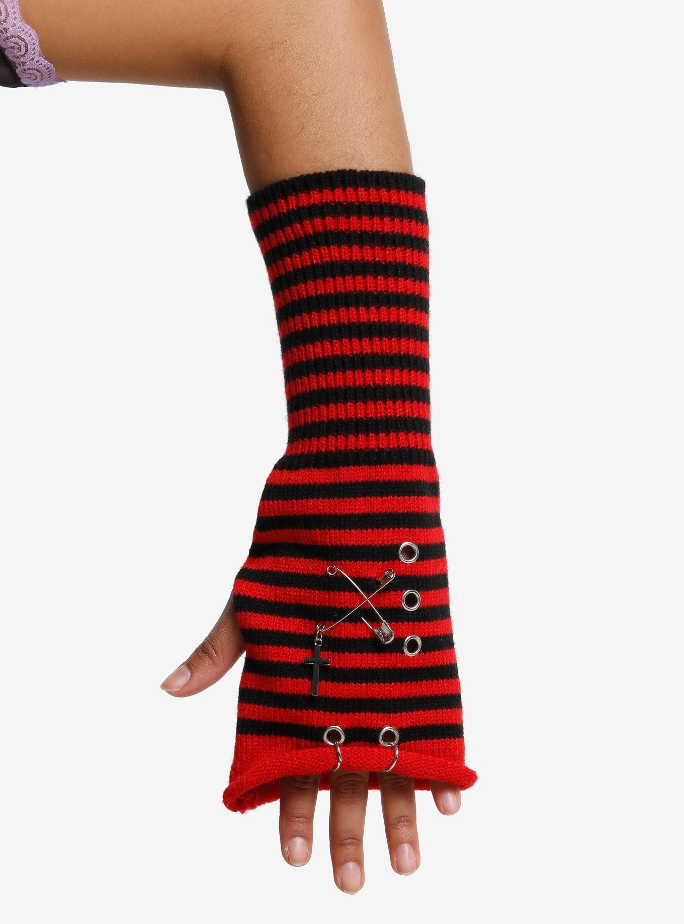 Red & Black Stripe Pierced Arm Warmers, , hi-res