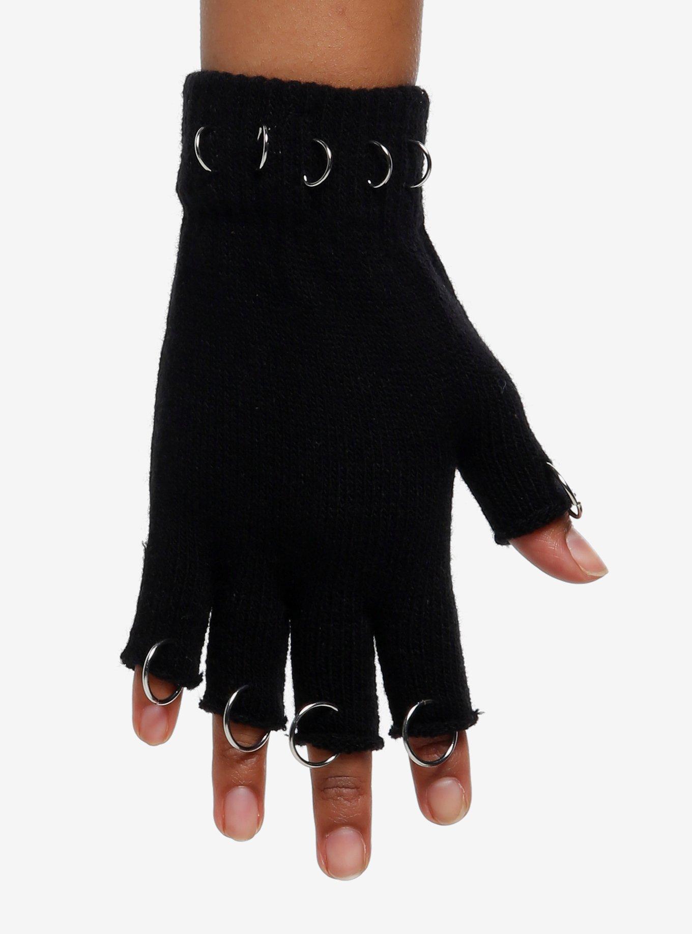 Black O-Ring Pierced Fingerless Gloves, , hi-res