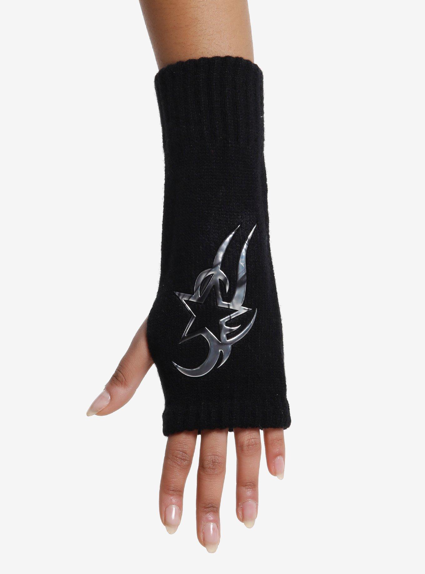 Black Silver Metallic Star Fingerless Gloves, , alternate