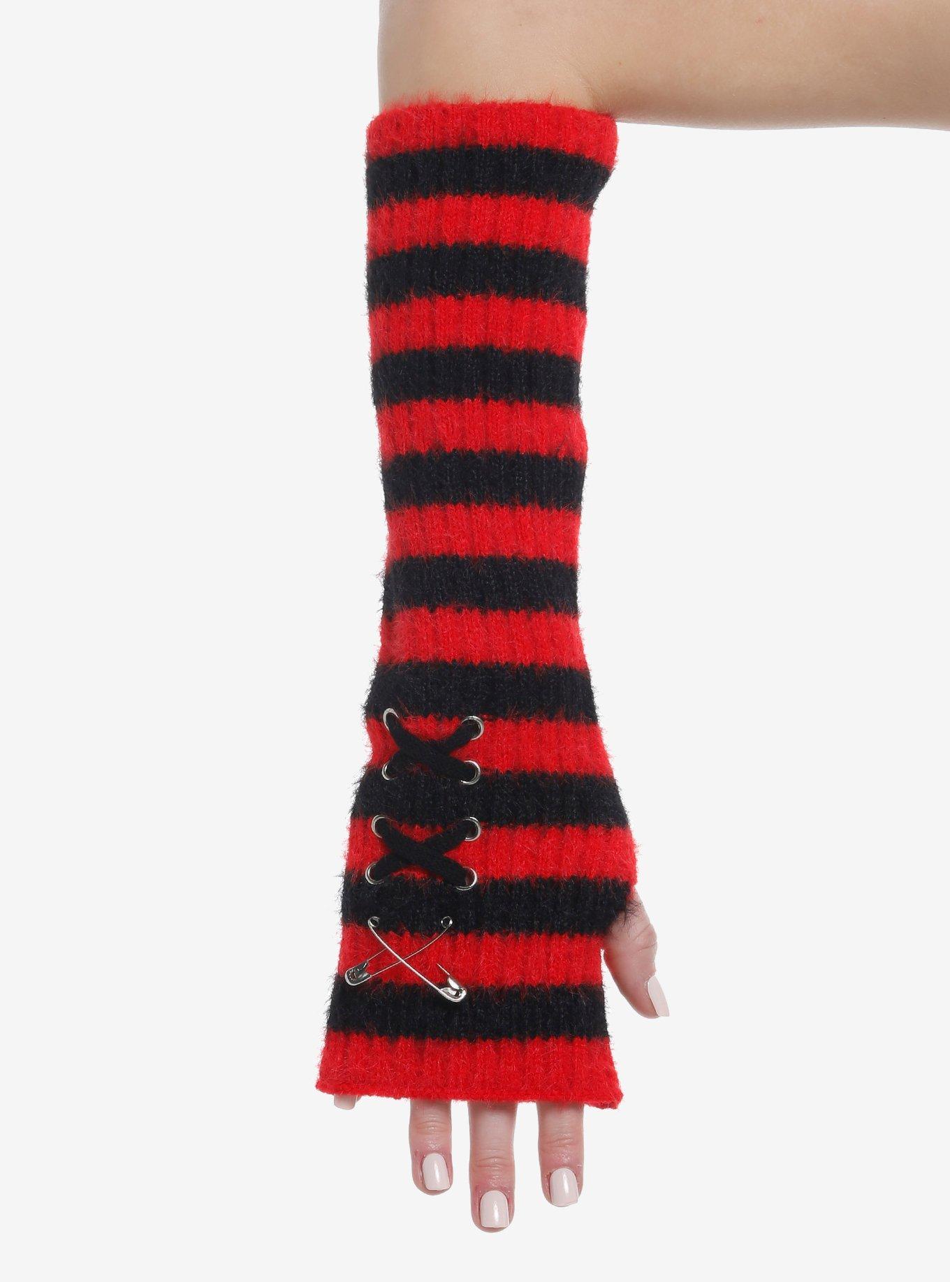 Red & Black Stripe Lace-Up Arm Warmers, , hi-res