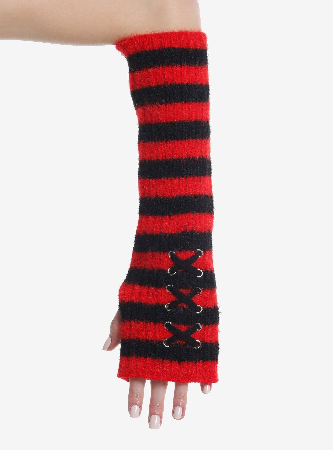 Red & Black Stripe Lace-Up Arm Warmers, , alternate