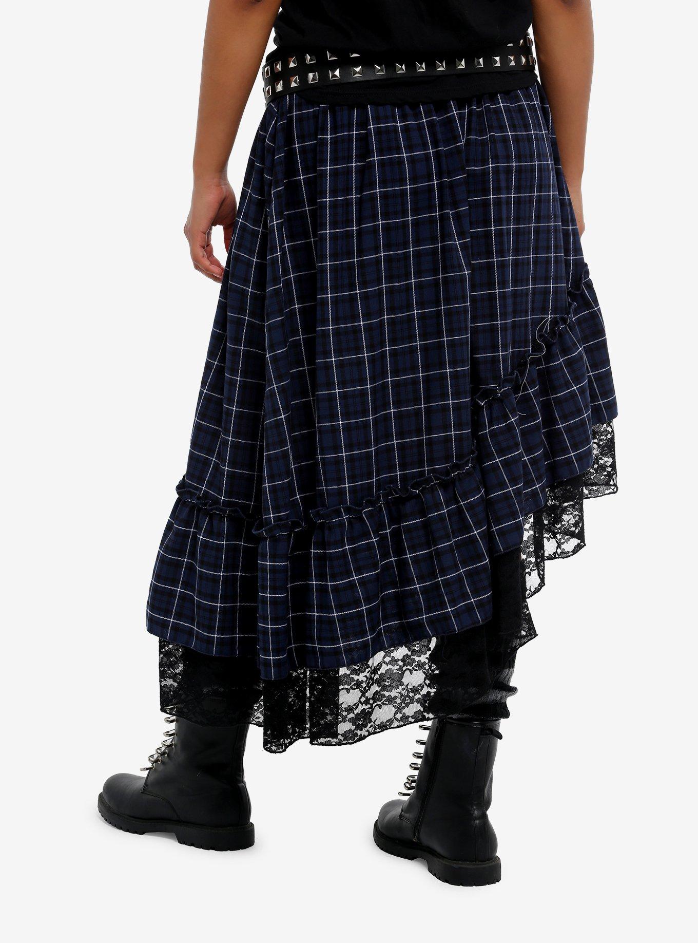 Social Collision Blue Plaid Asymmetrical Midi Skirt, , hi-res