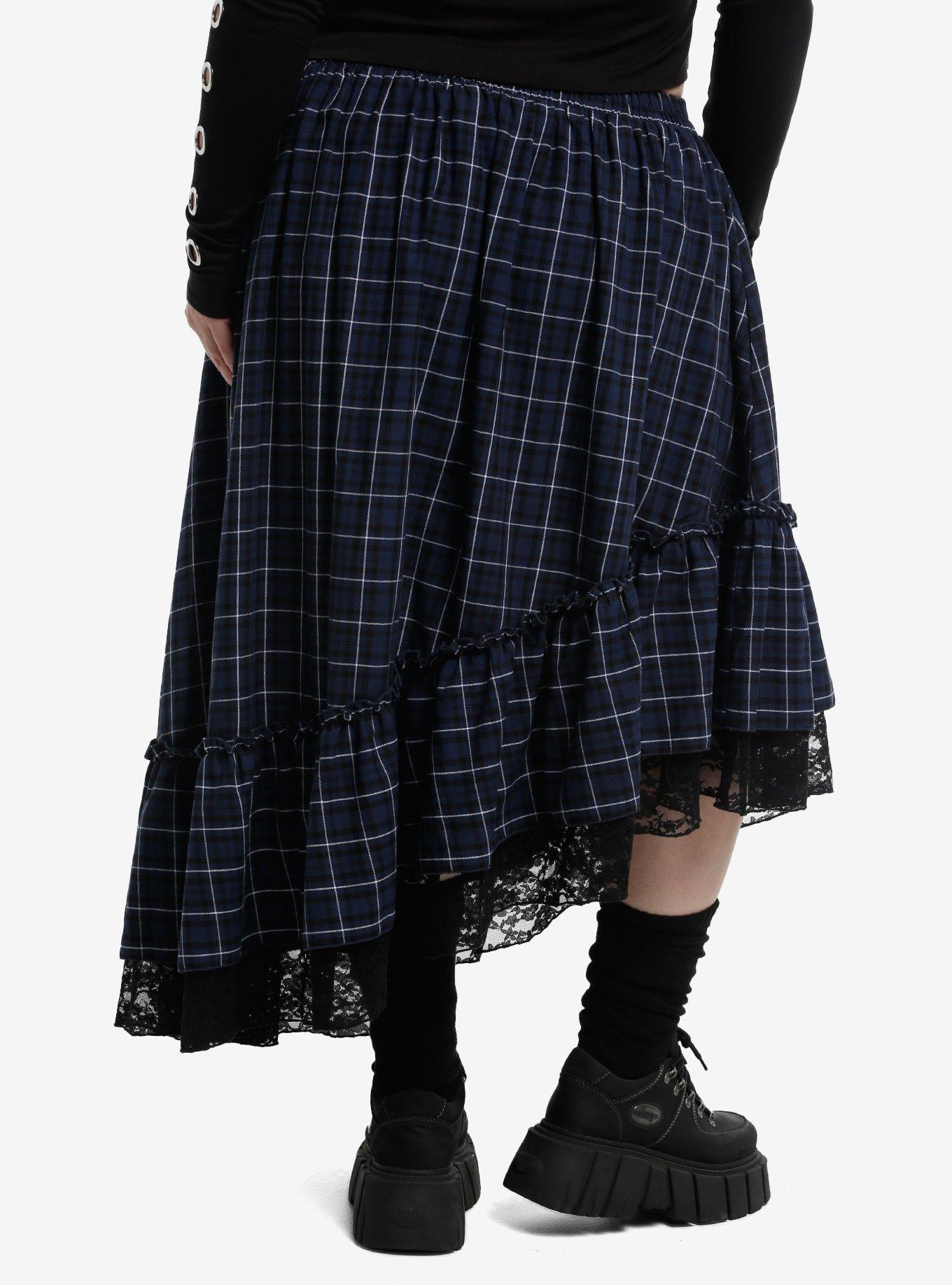 Social Collision Blue Plaid Asymmetrical Midi Skirt Plus Size, , hi-res