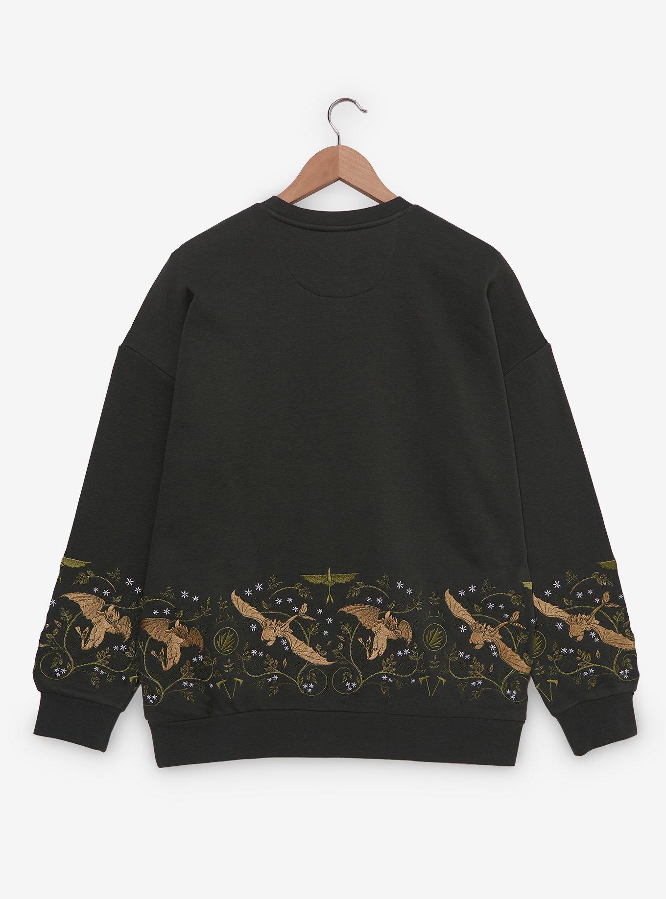 DreamWorks How To Train Your Dragon Toothless Floral Embroidered Crewneck - BoxLunch Exclusive, DARK GREEN, alternate