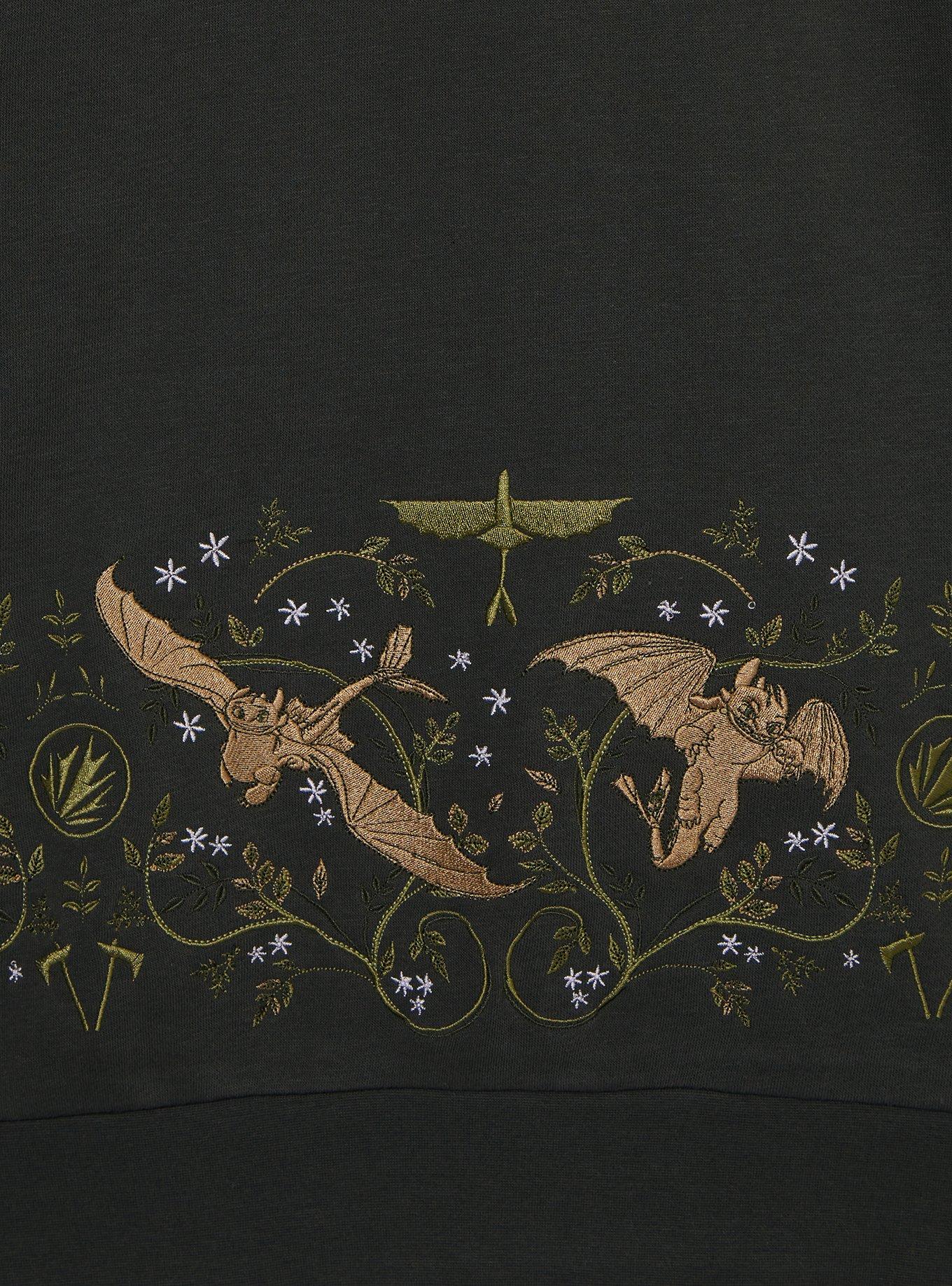 DreamWorks How To Train Your Dragon Toothless Floral Embroidered Crewneck - BoxLunch Exclusive, DARK GREEN, alternate