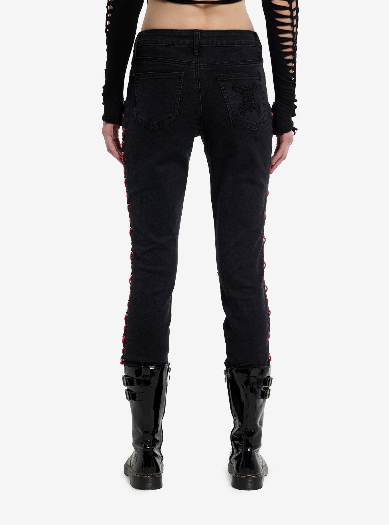 Black & Red Lace-Up Mesh Destructed Skinny Jeans, , hi-res