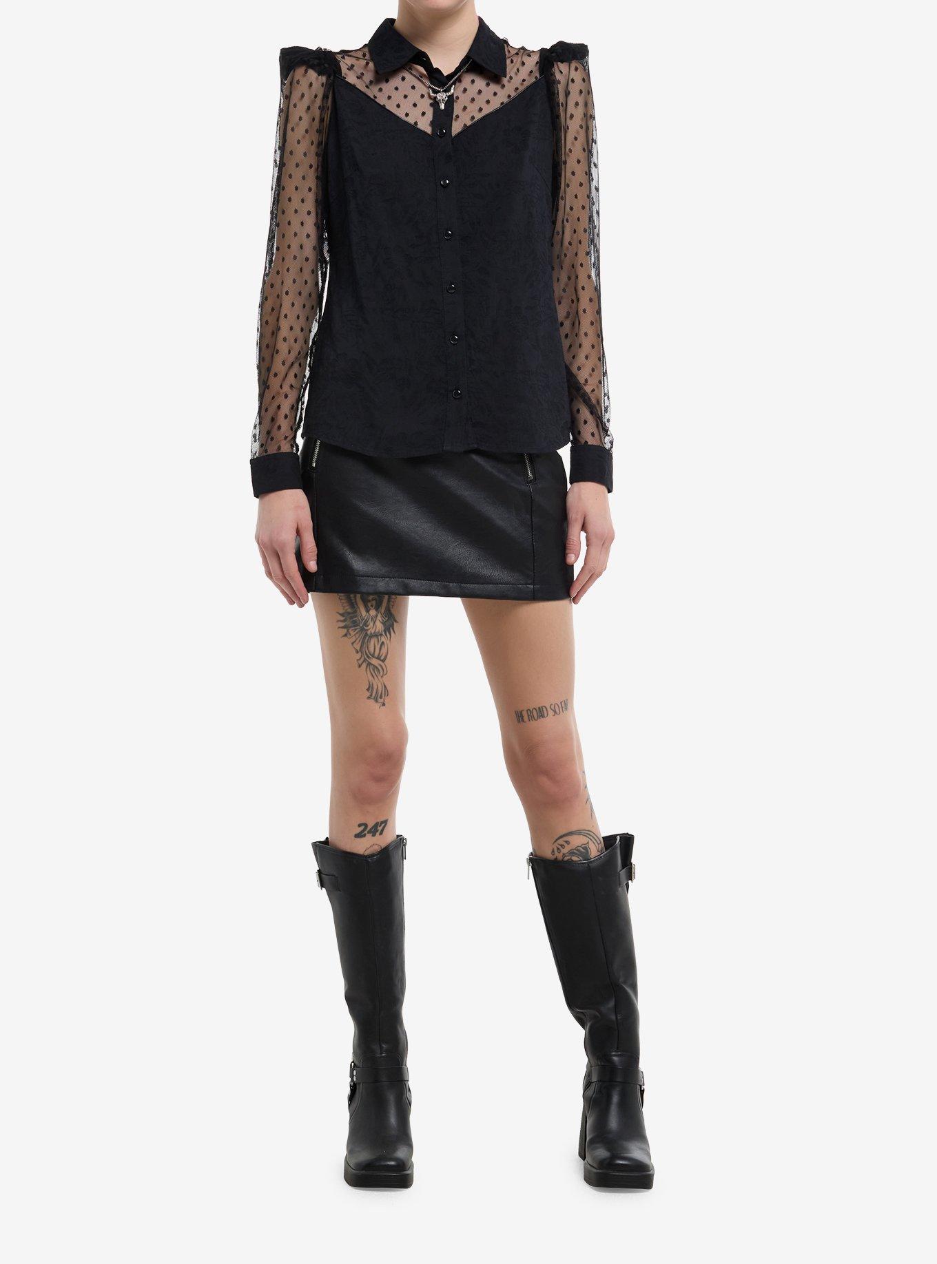Social Collision Black Polka Dot Mesh Girls Woven Button-Up, , hi-res