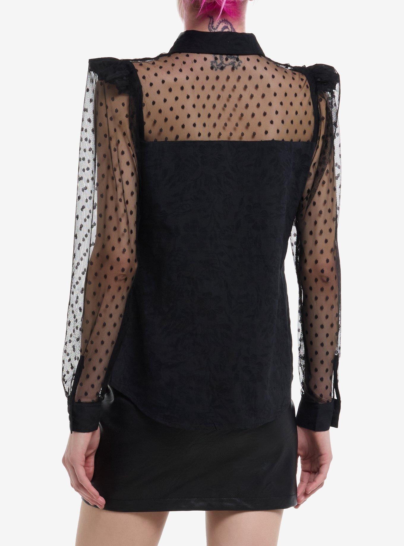 Social Collision Black Polka Dot Mesh Girls Woven Button-Up, BLACK, alternate