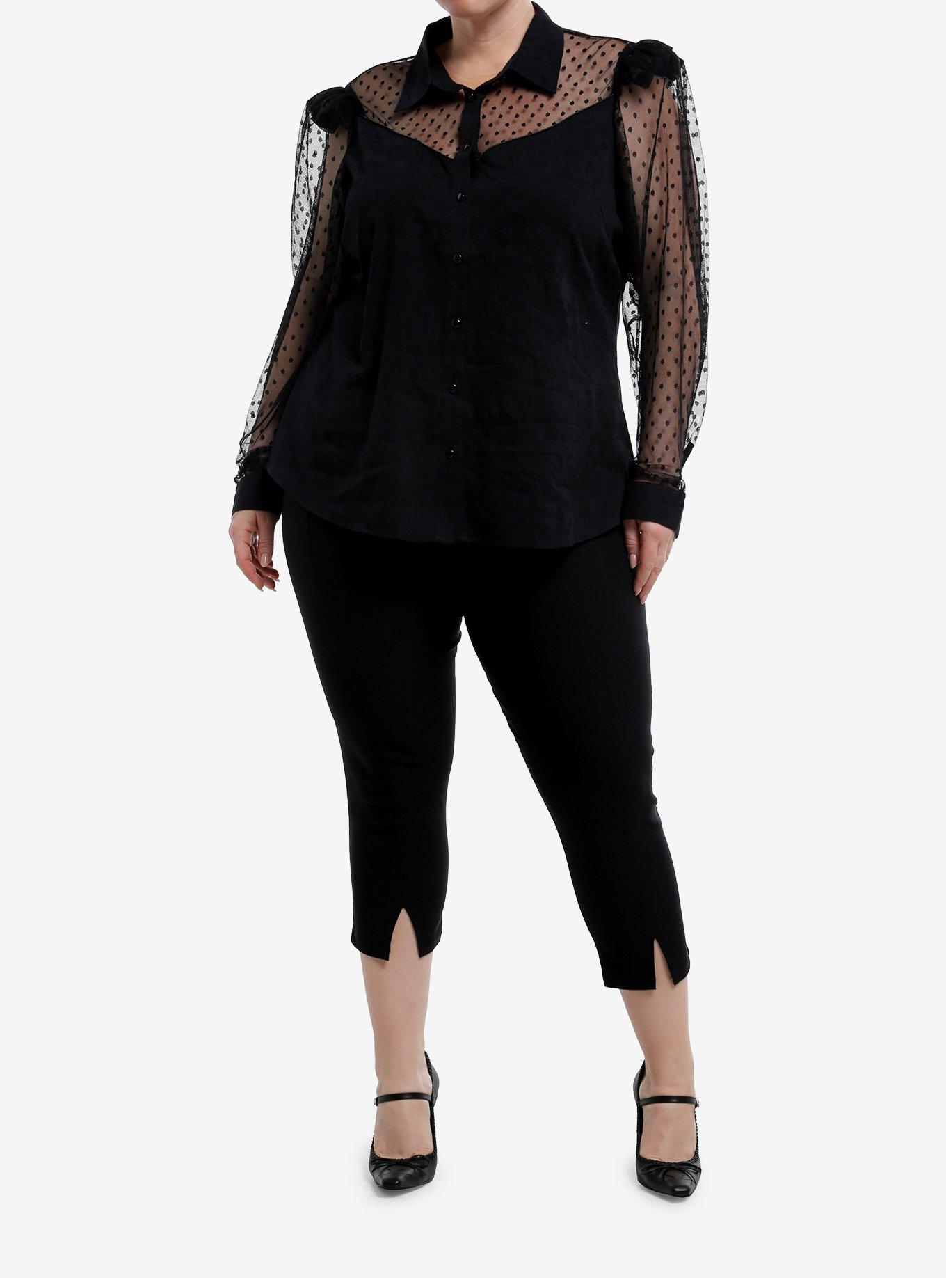 Social Collision Black Polka Dot Mesh Girls Woven Button-Up Plus Size, , hi-res
