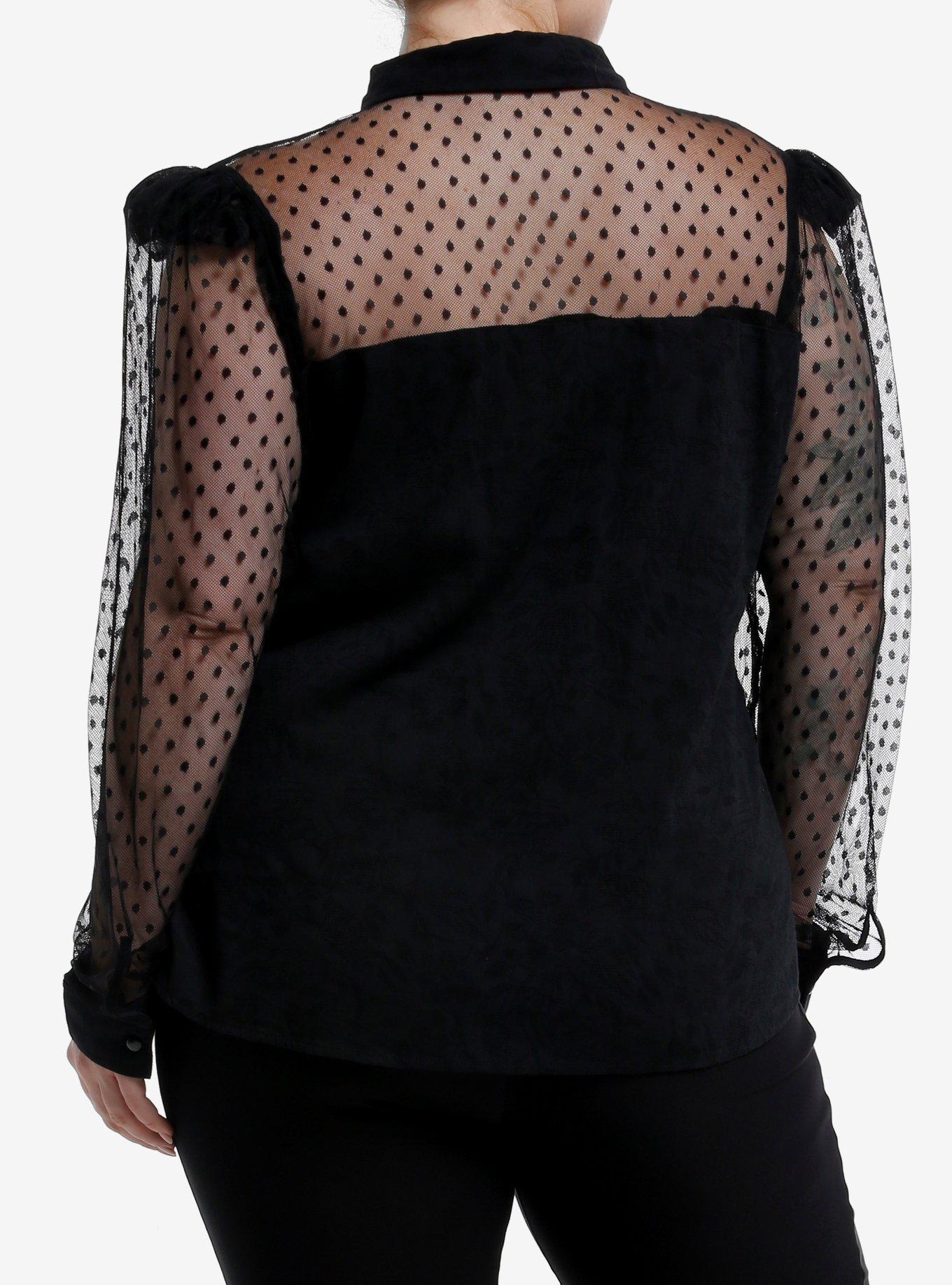 Social Collision Black Polka Dot Mesh Girls Woven Button-Up Plus Size, BLACK, alternate