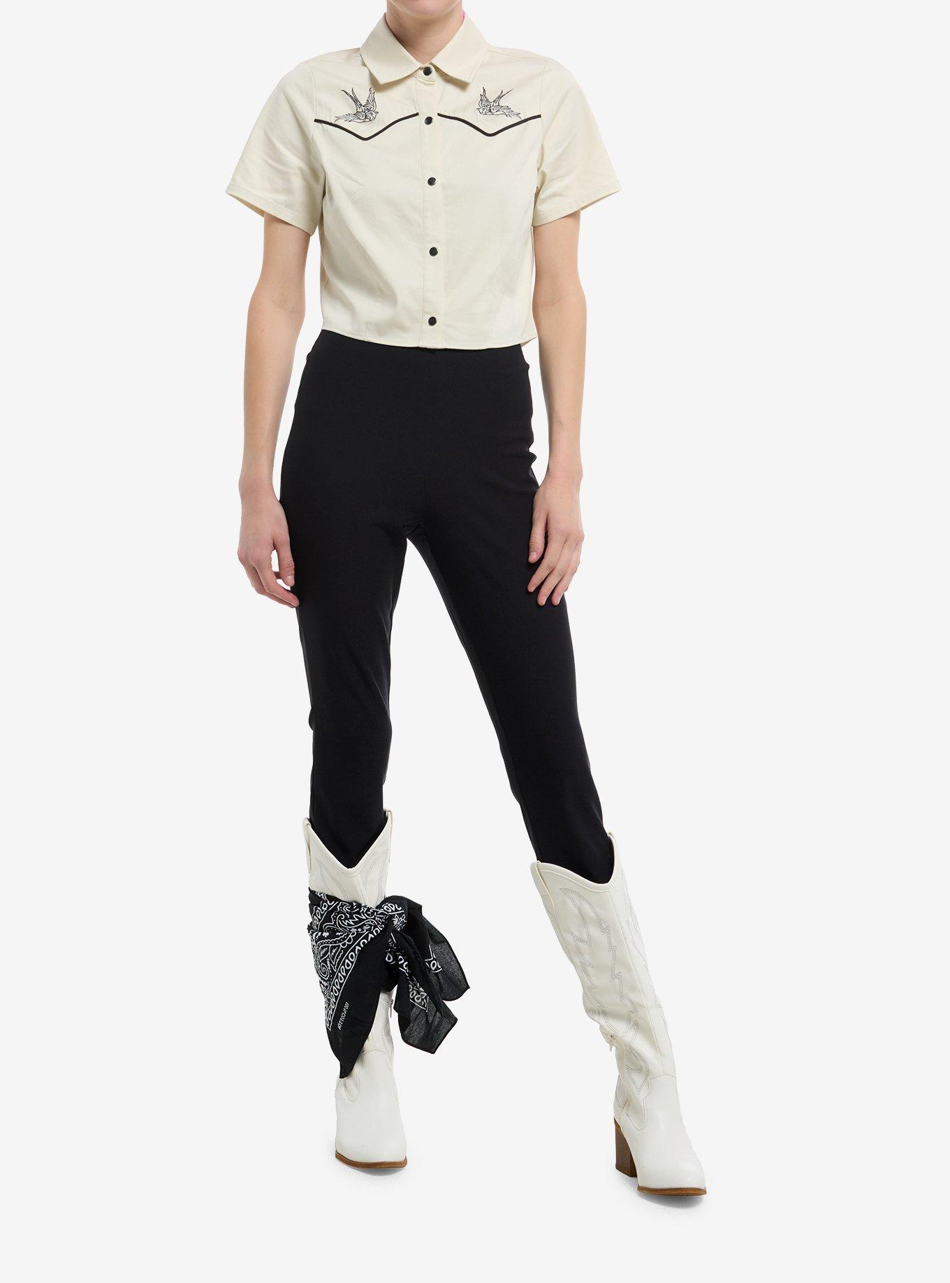 Social Collision Western Swallow Bird Girls Crop Woven Button-Up, , hi-res