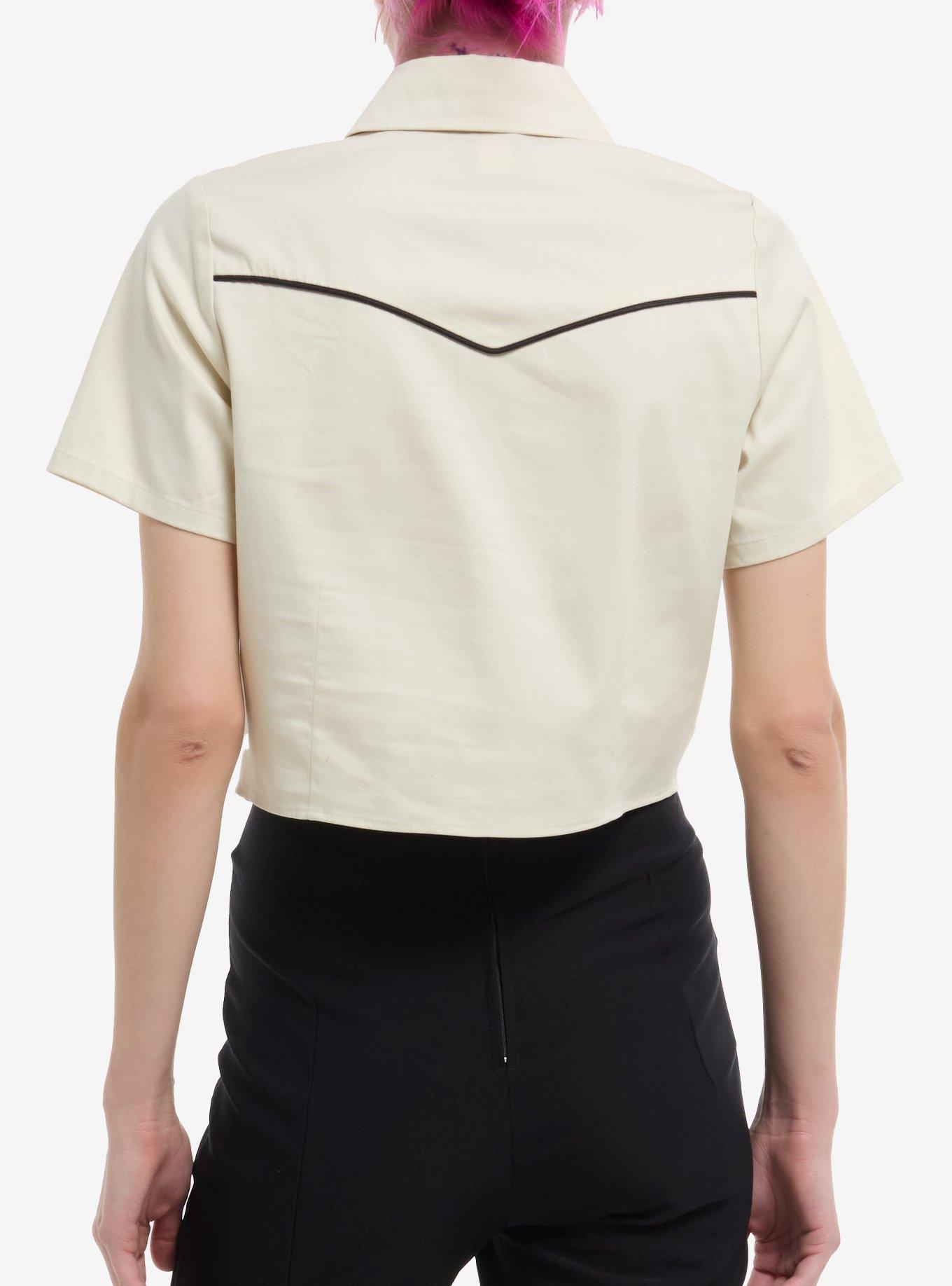 Social Collision Western Swallow Bird Girls Crop Woven Button-Up, KHAKI, alternate