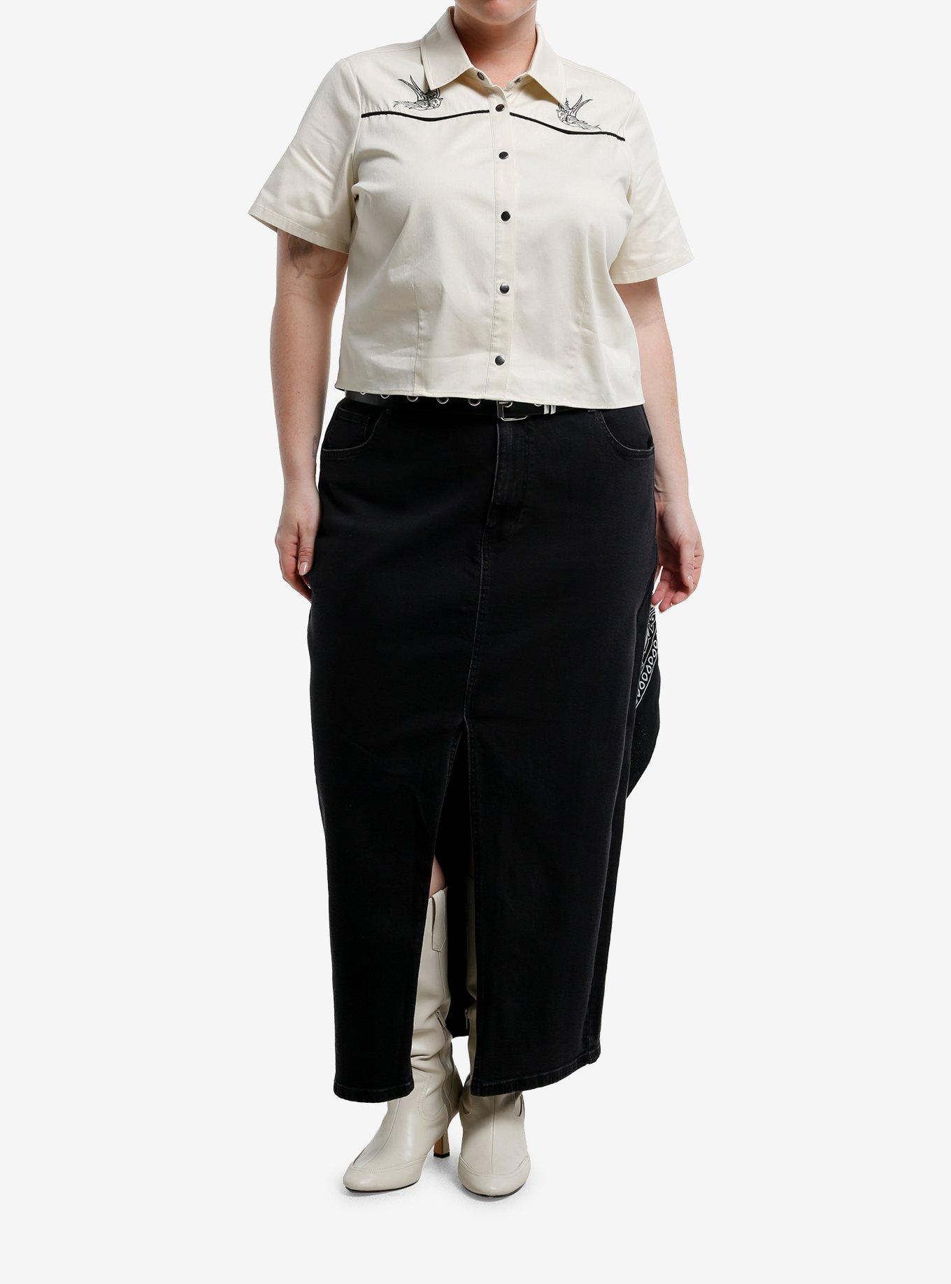 Social Collision Western Swallow Bird Girls Crop Woven Button-Up Plus Size, , hi-res
