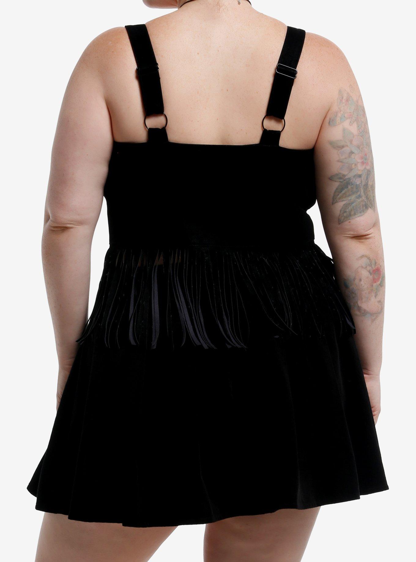 Social Collision Faux Suede Fringe Lace-Up Girls Crop Tank Top Plus Size, BLACK, alternate