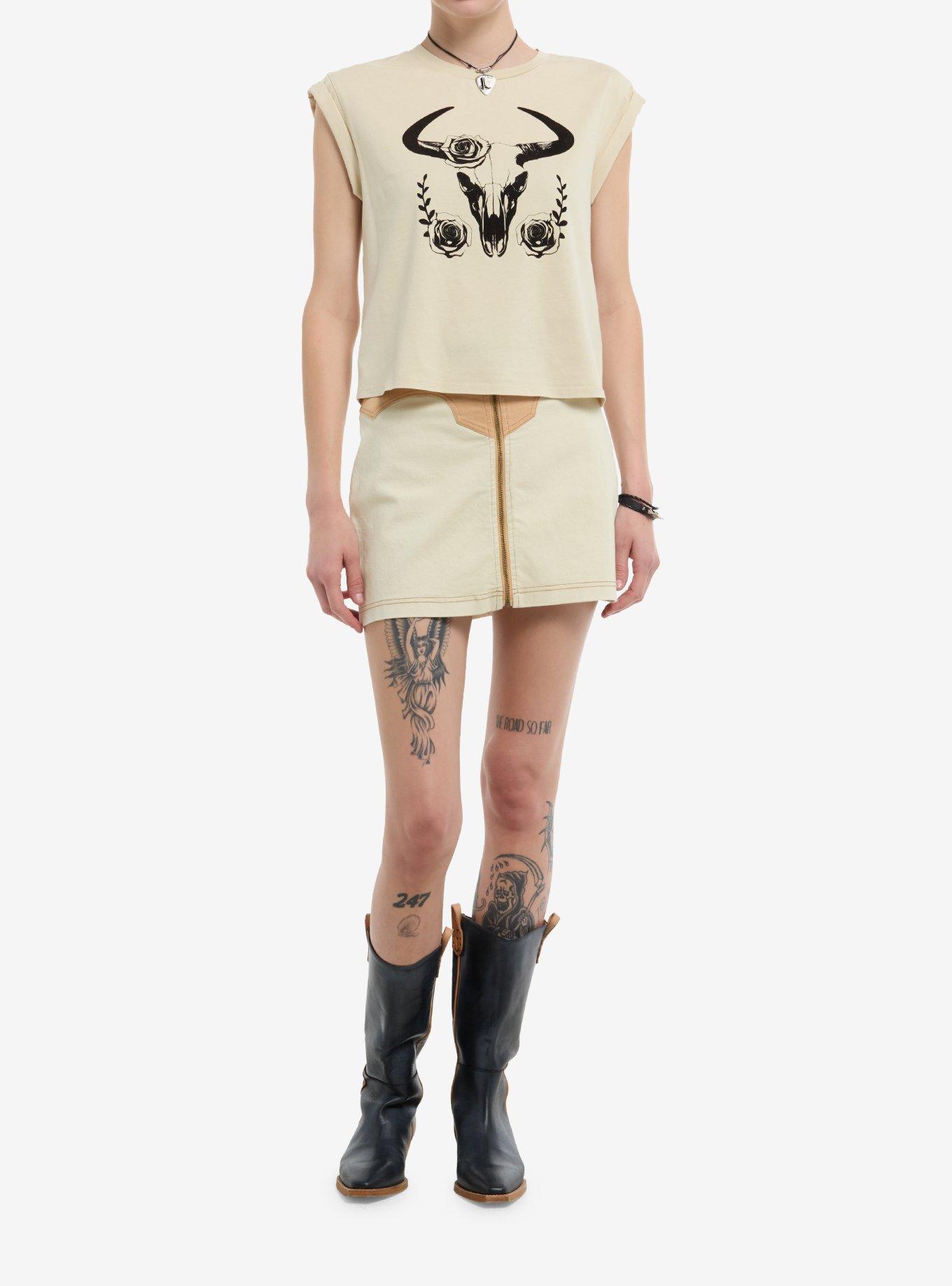 Social Collision Bull Skull Khaki Girls Crop Top, , hi-res