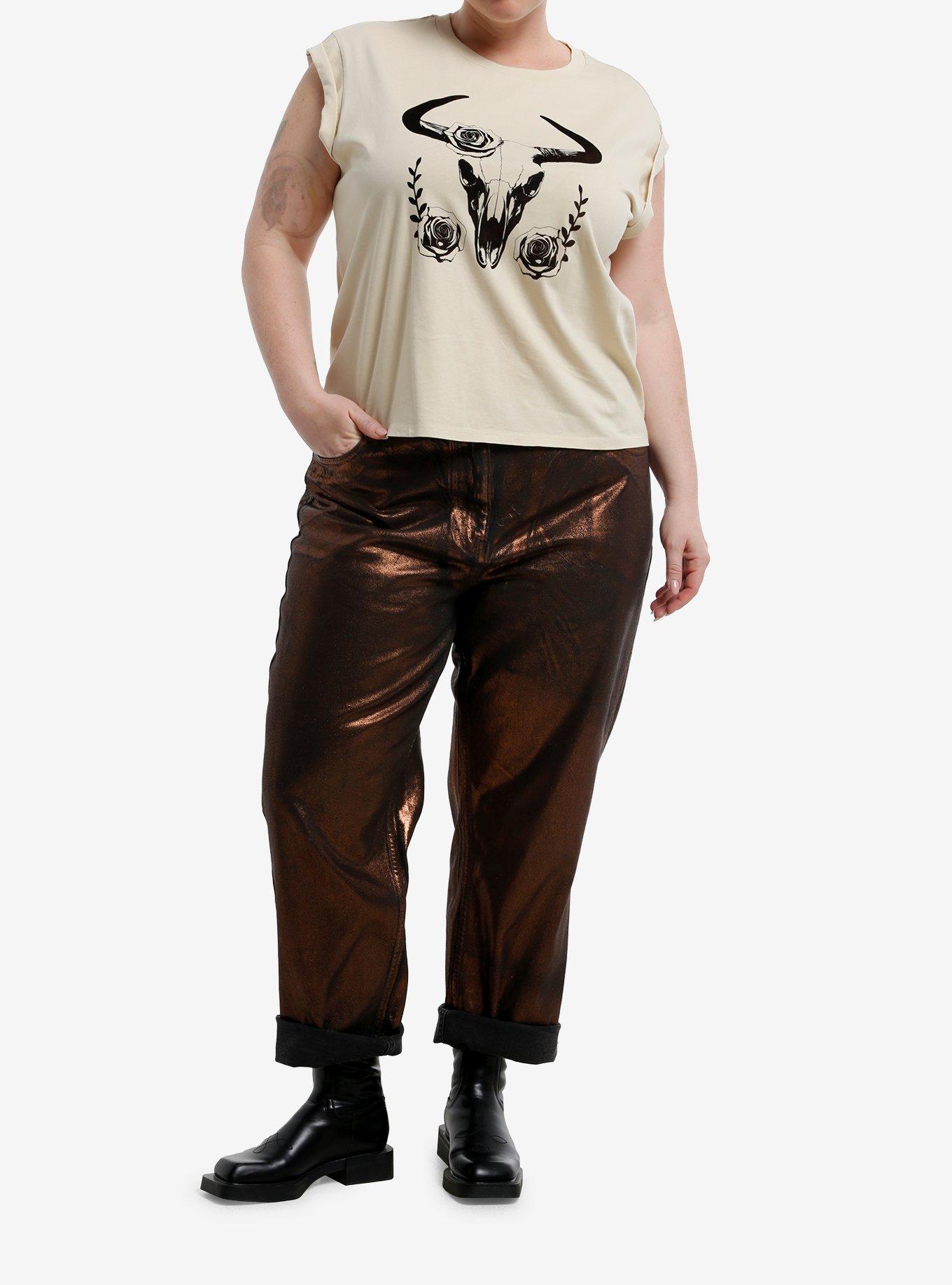 Social Collision Bull Skull Khaki Girls Crop Top Plus Size, , hi-res
