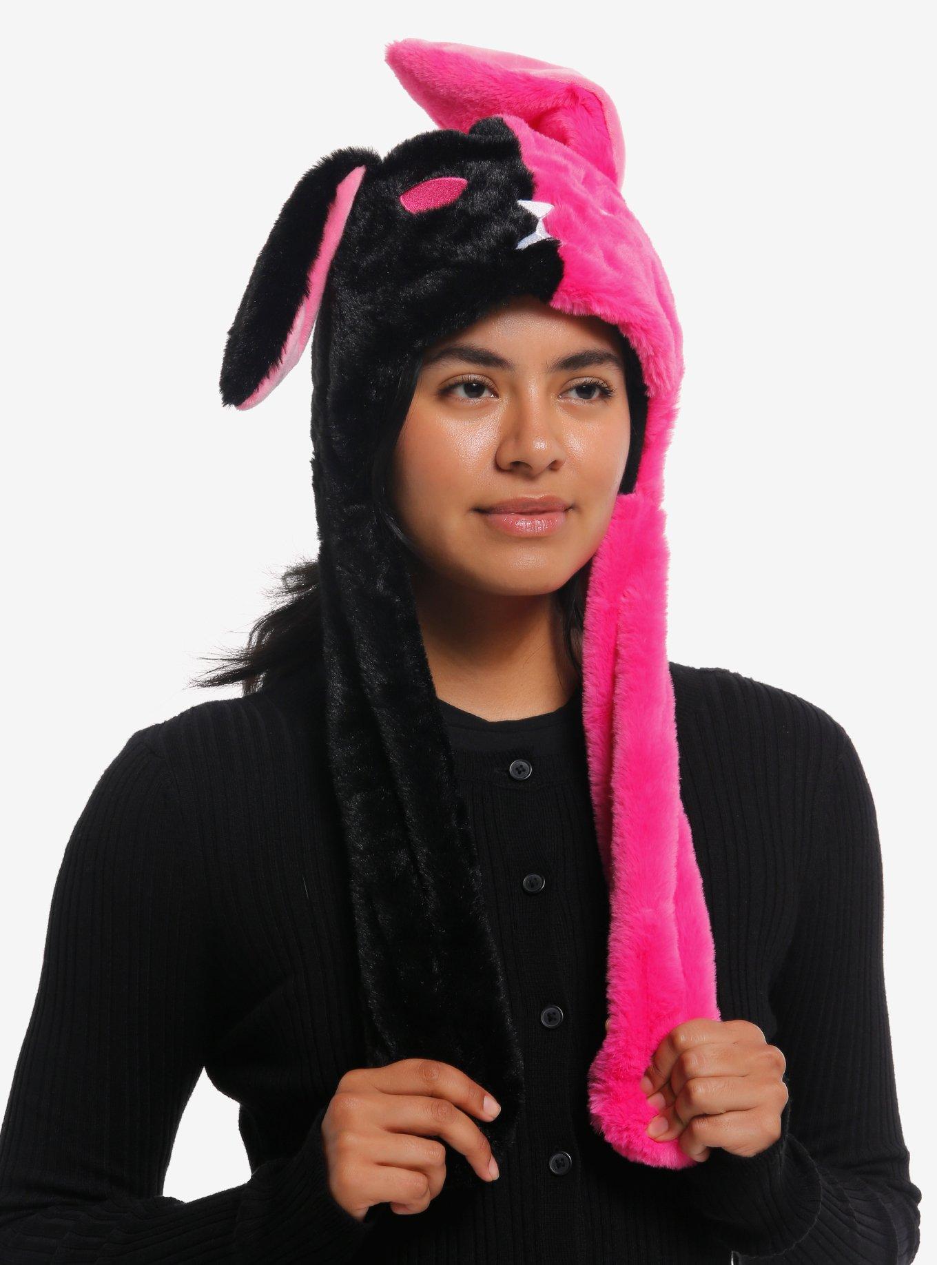 Black & Pink Split Bunny Tassel Beanie With Moveable Ears, , hi-res