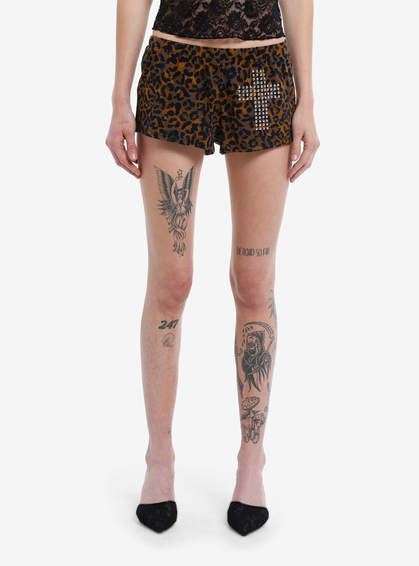 Leopard Print Studded Cross Girls Lounge Shorts, , hi-res