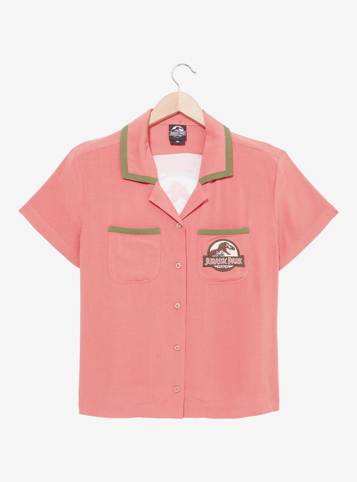 Jurassic Park Floral Logo Women's Slightly Cropped Woven Button-Up - BoxLunch Exclusive, CORAL, alternate