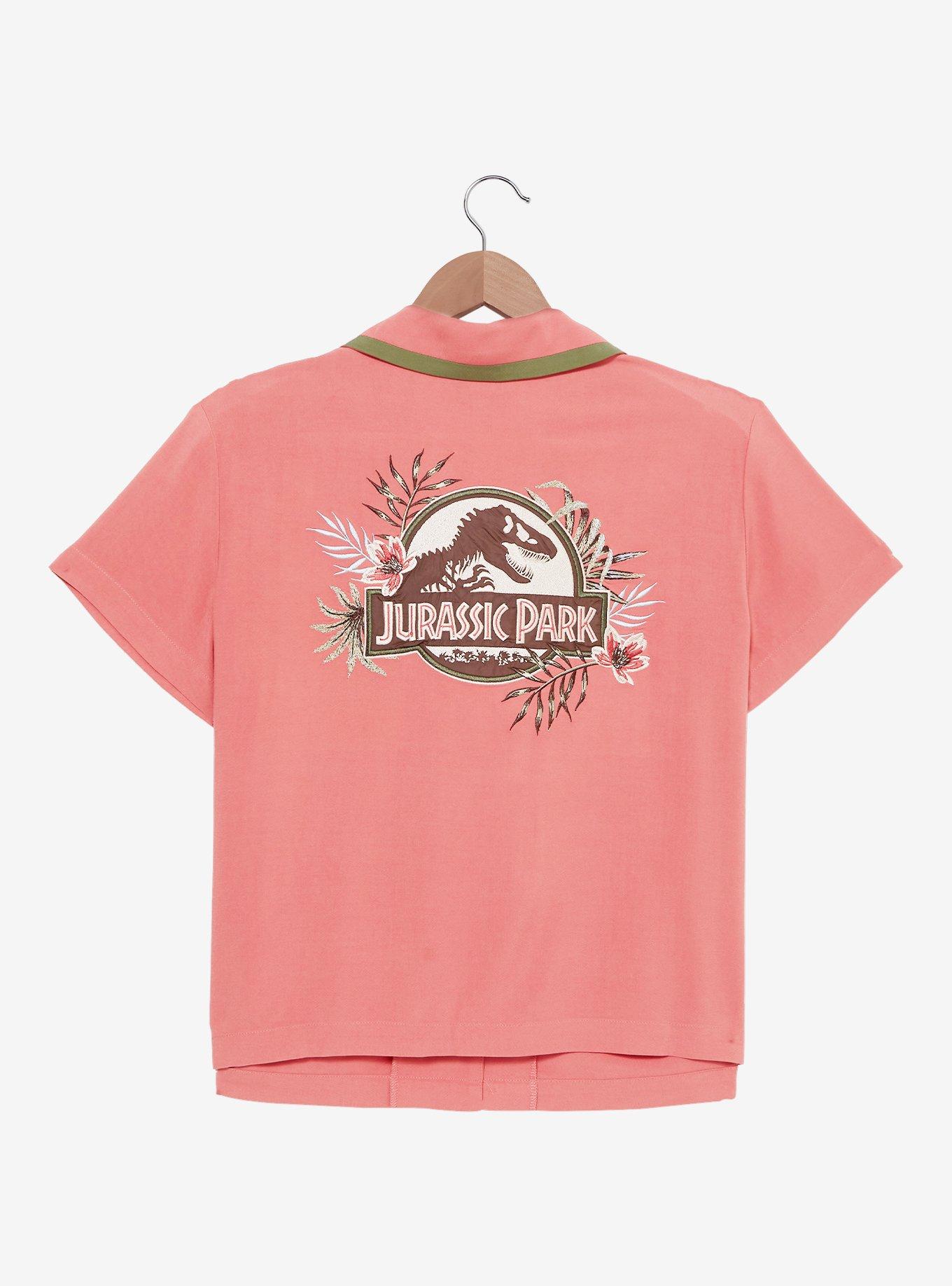 Jurassic Park Floral Logo Women's Slightly Cropped Woven Button-Up - BoxLunch Exclusive, CORAL, alternate
