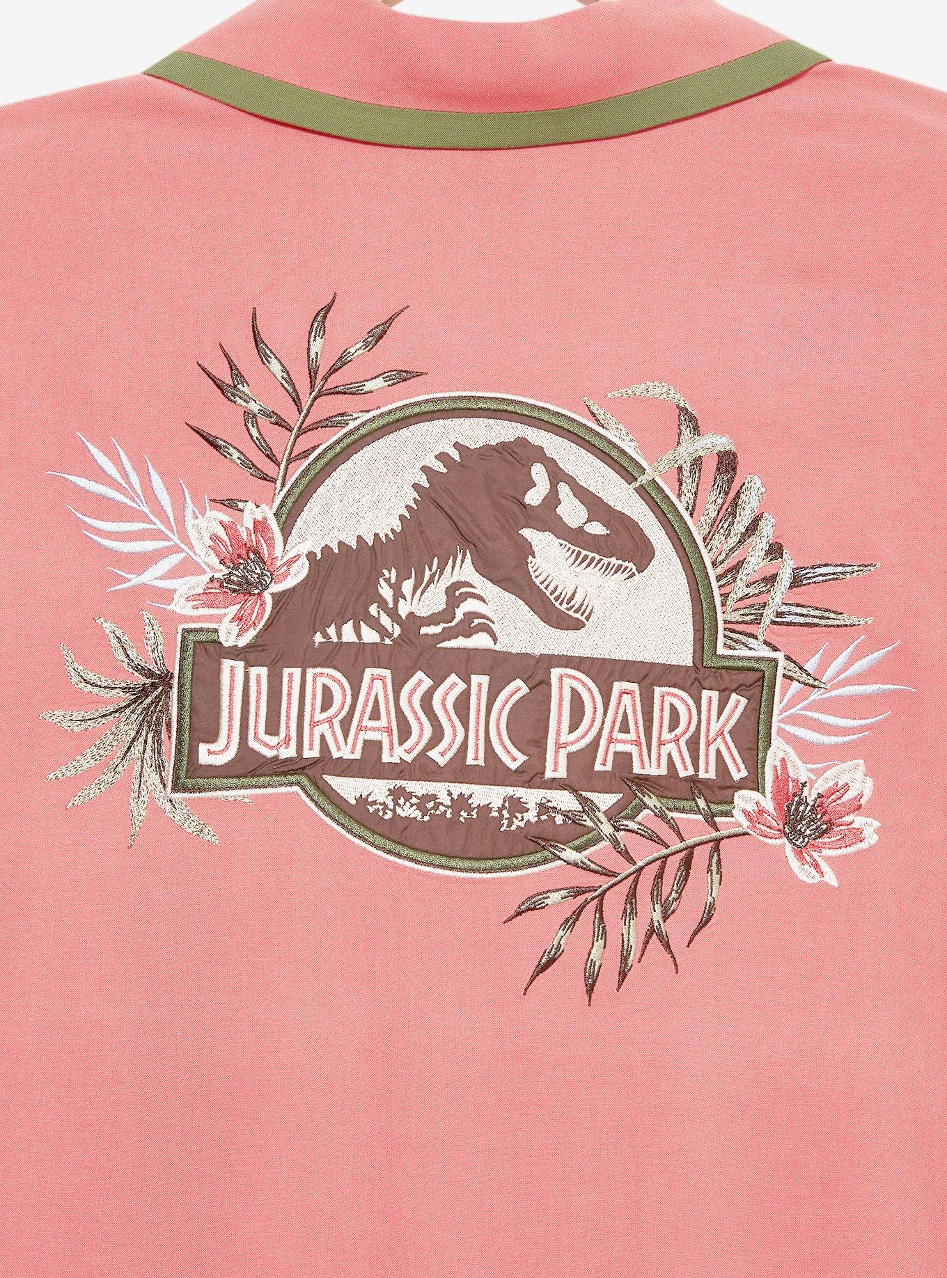 Jurassic Park Floral Logo Women's Slightly Cropped Woven Button-Up - BoxLunch Exclusive, CORAL, alternate