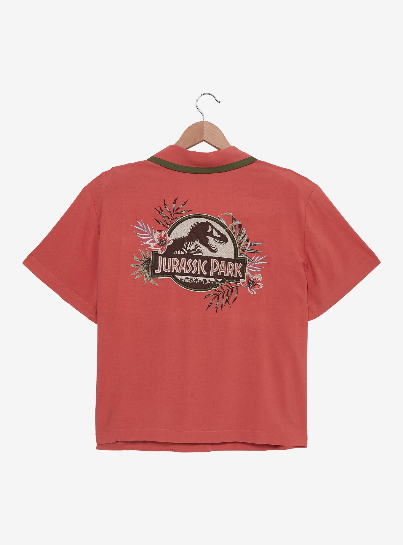 Jurassic Park Floral Logo Women's Plus Size Slightly Cropped Woven Button-Up - BoxLunch Exclusive, , hi-res