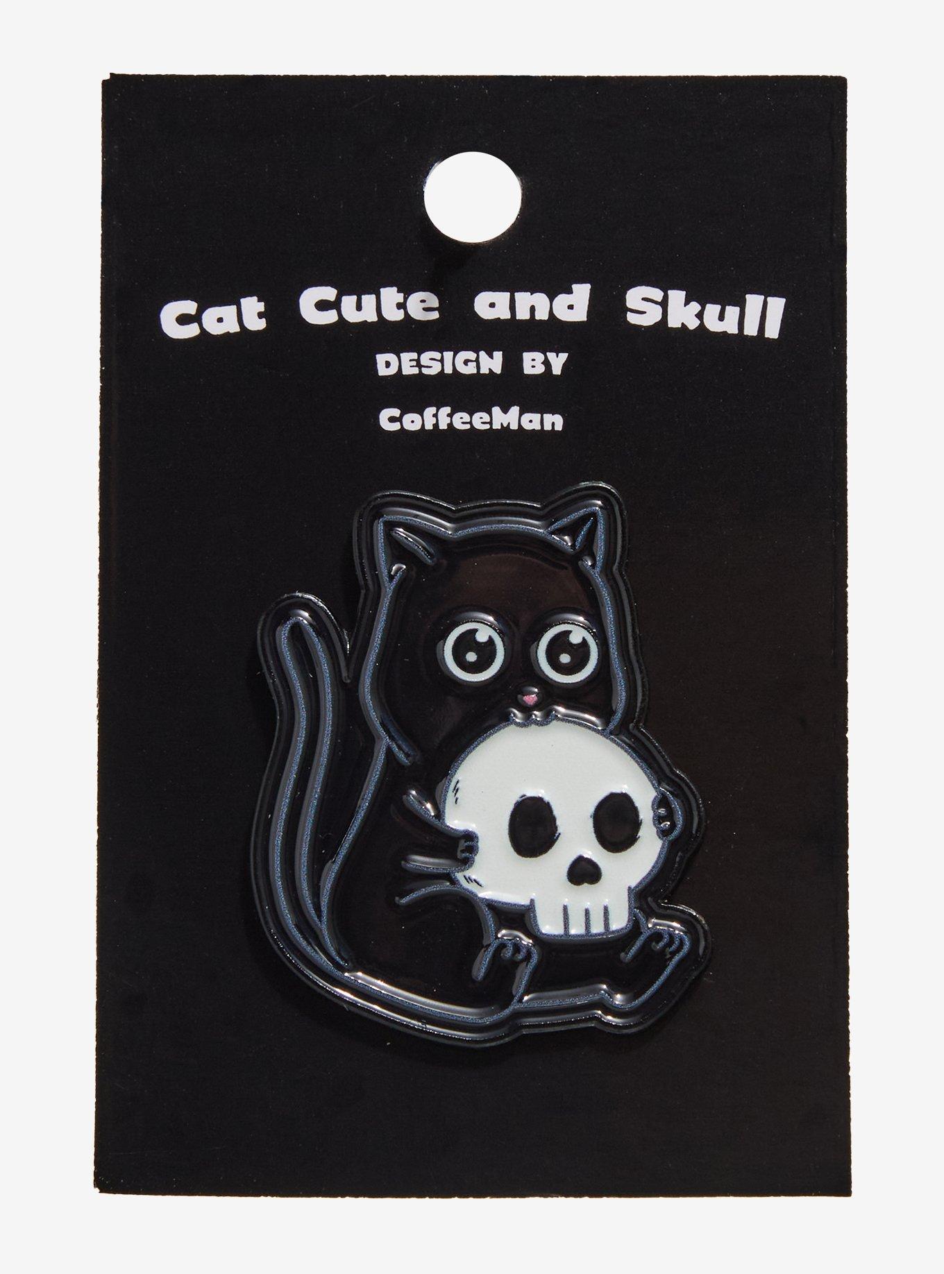 Cat & Skull Enamel Pin By CoffeeMan, , hi-res