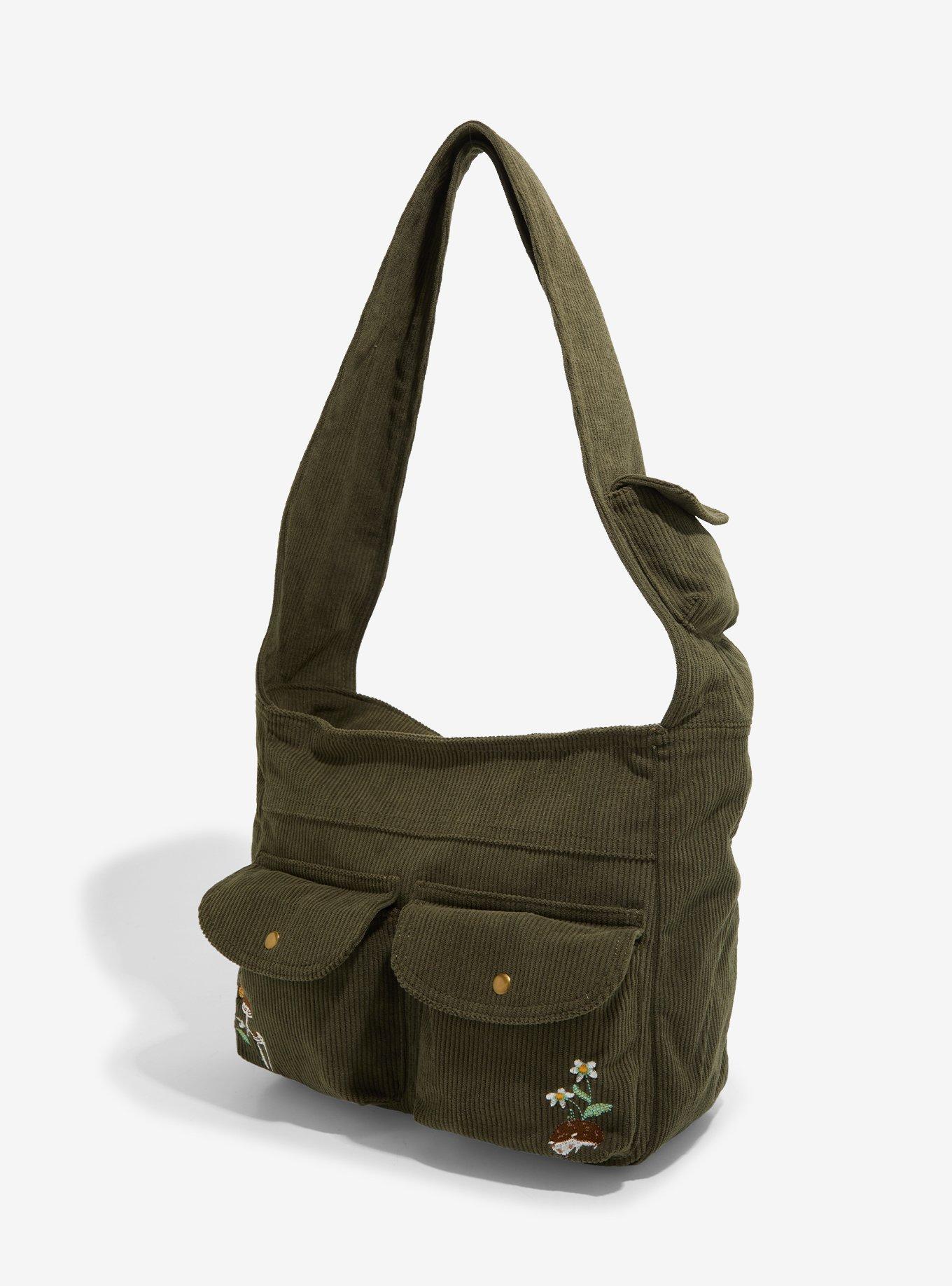 Forest Creatures & Mushrooms Green Corduroy Shoulder Bag, , alternate